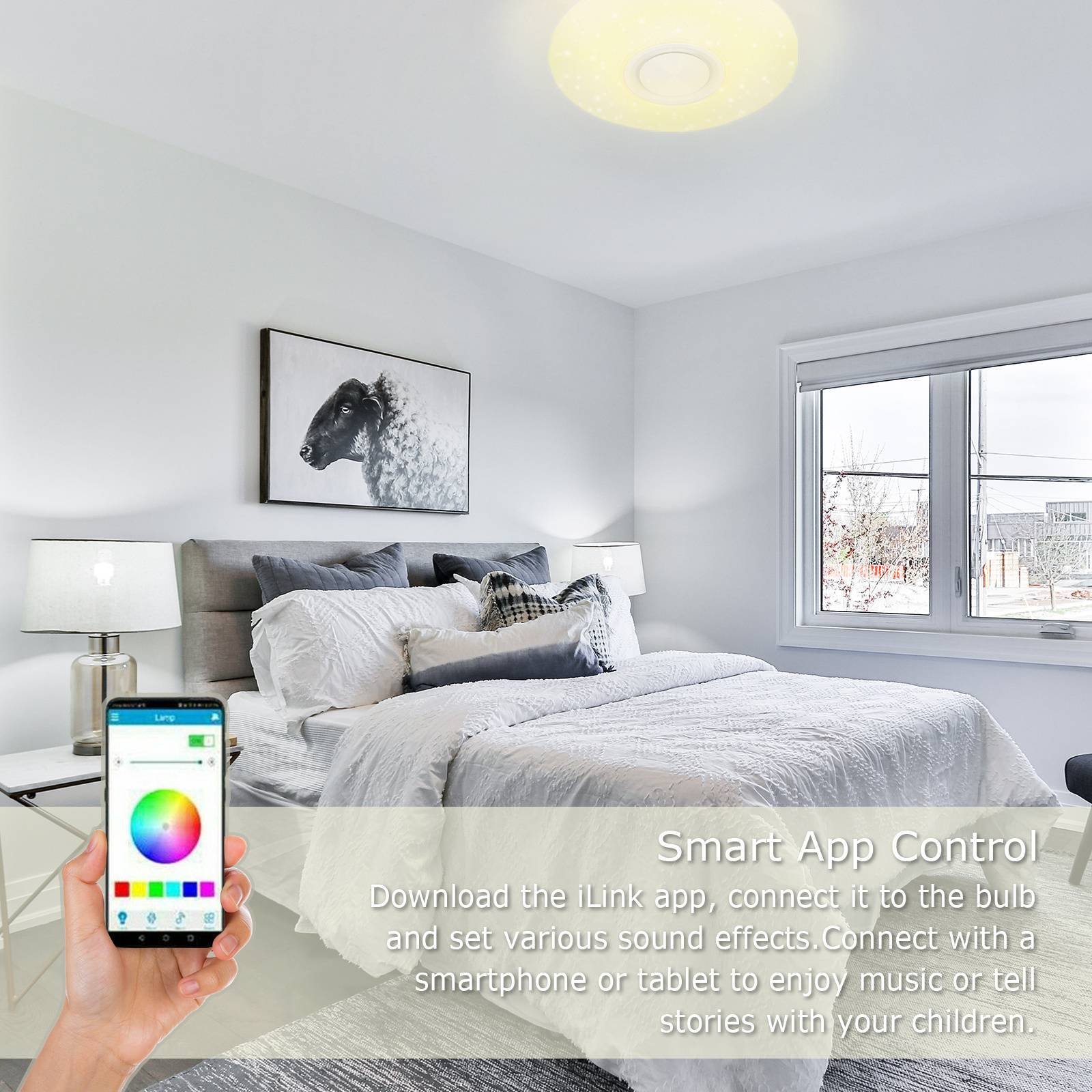 36W LED-Deckenleuchte dimmbar mit Bluetooth-Lautsprecher und App-Steuerung, RGB-Farbwechsel, Sternenhimmel-Effekt, flaches Design, Fernbedienung