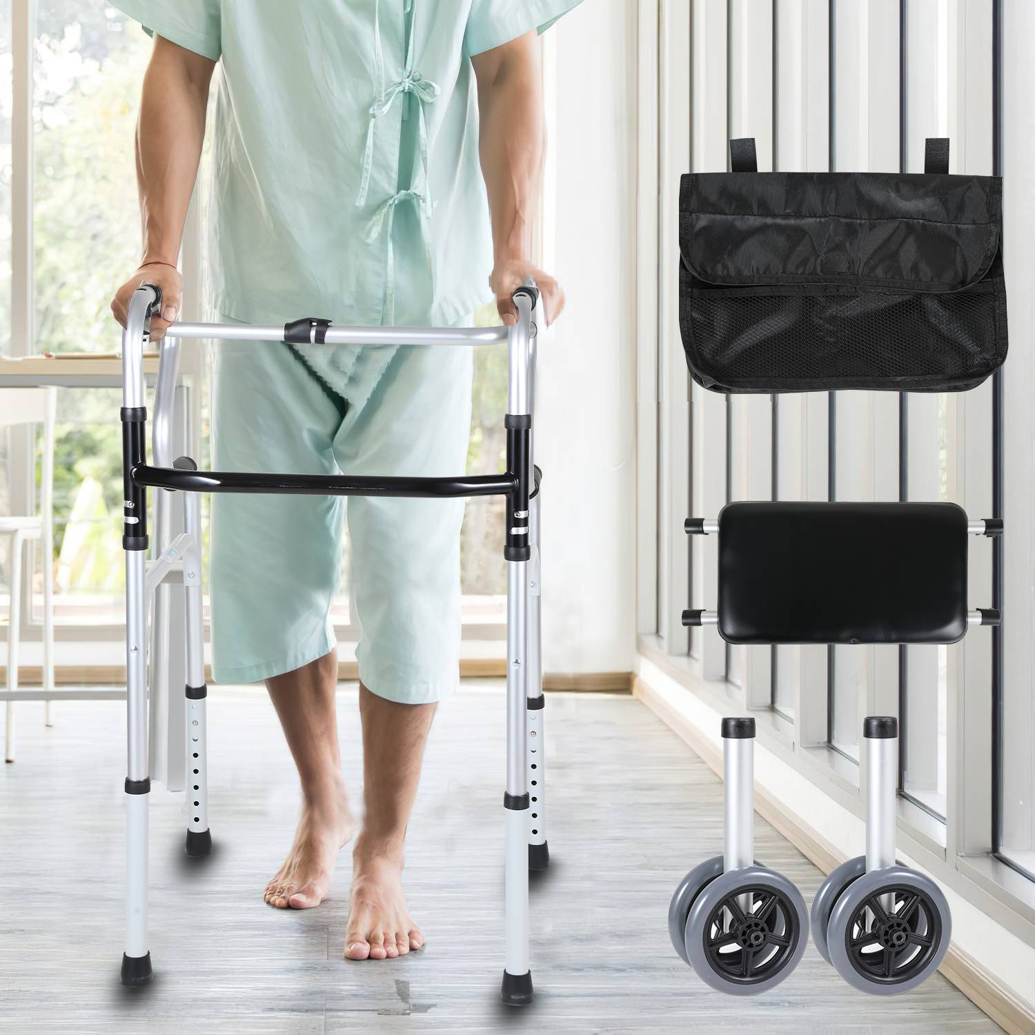 Leichtgewicht Rollator mit Sitz faltbar - Höhenverstellbarer Aluminium Gehwagen für Senioren - Rutschfeste Gehhilfe mit werkzeugloser Montage