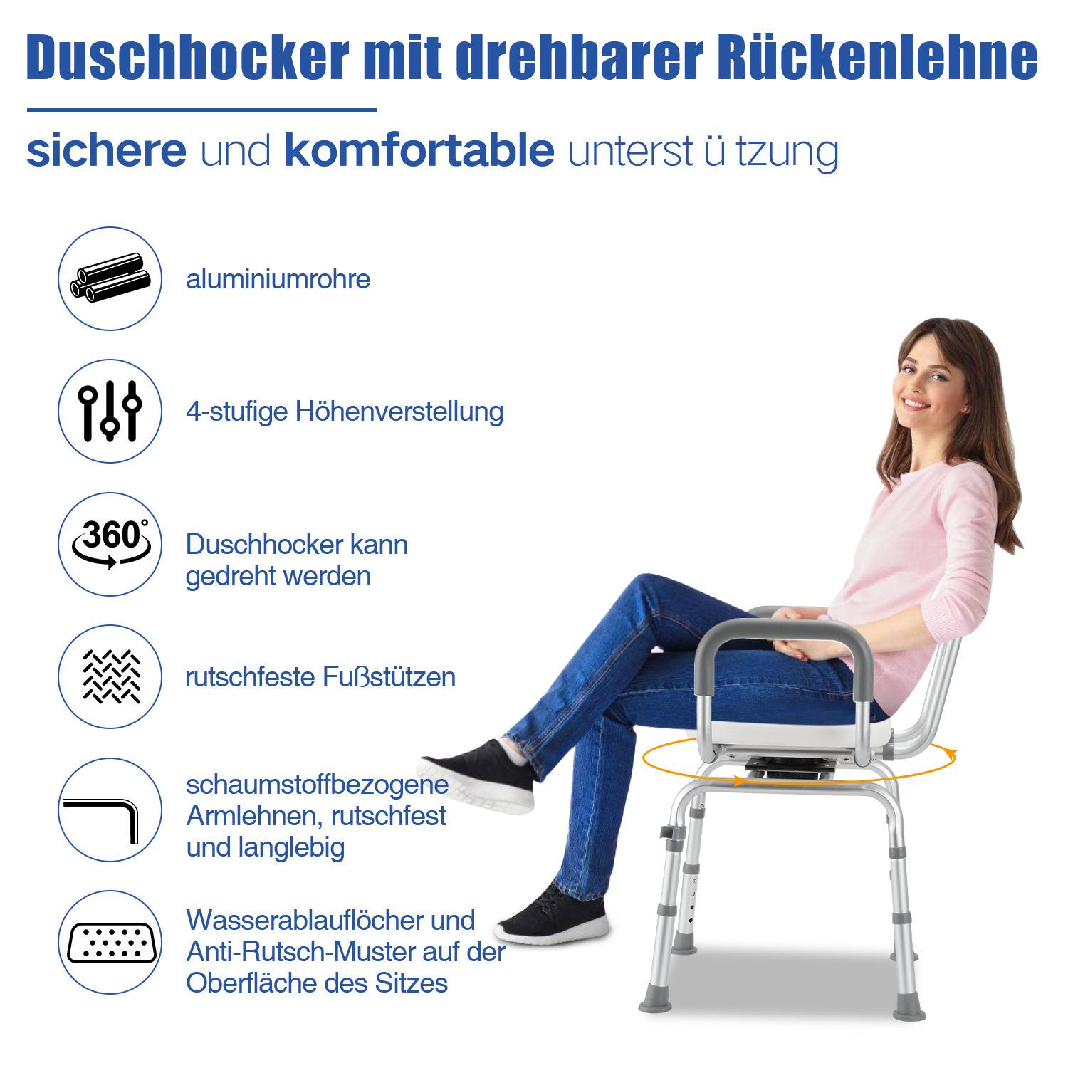 Duschstuhl mit Rückenlehne & Armlehne Duschhocker Höhenverstellbar Duschstuhl für senioren mit lehne 360-Grad-Drehung Badhocker