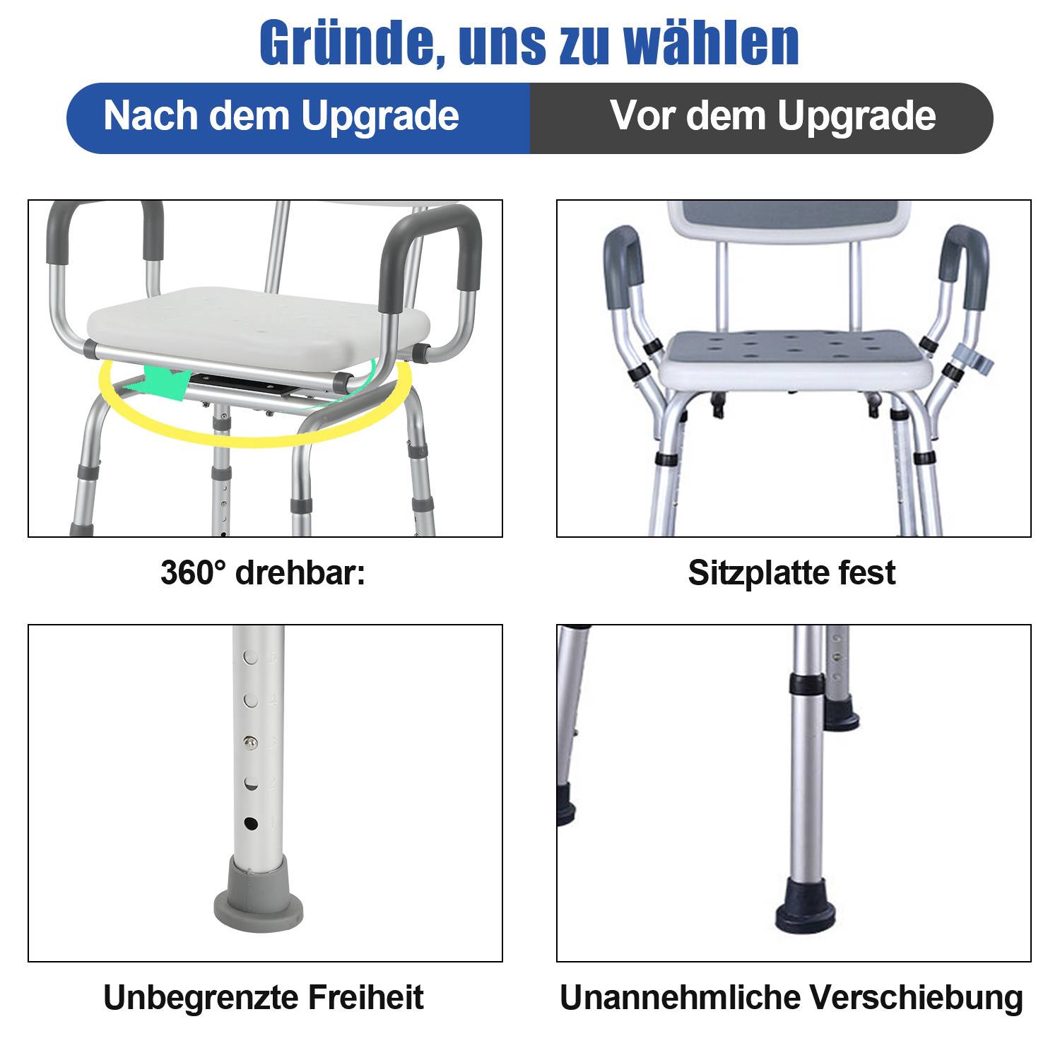 Duschstuhl mit Rückenlehne & Armlehne Duschhocker Höhenverstellbar Duschstuhl für senioren mit lehne 360-Grad-Drehung Badhocker