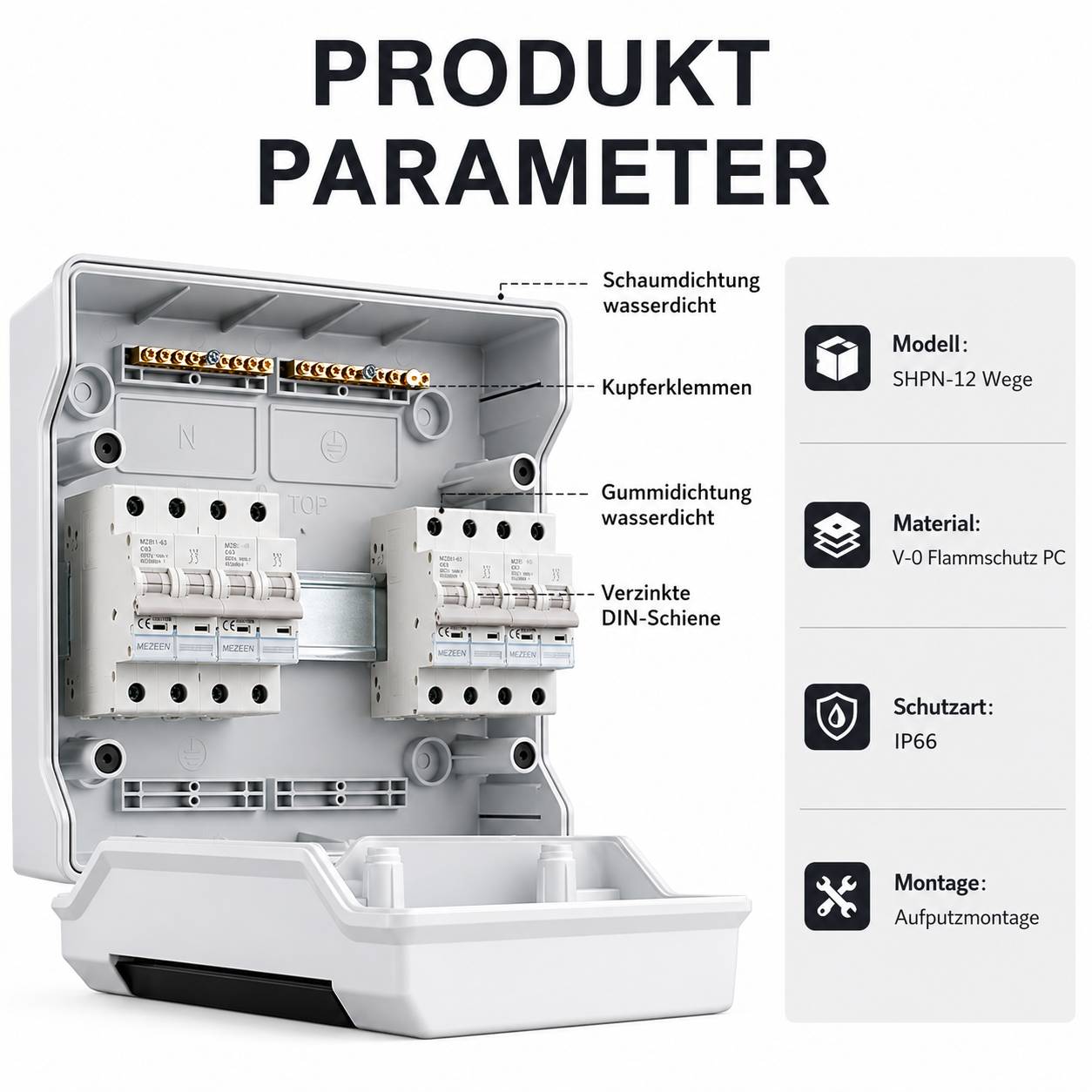 Produktparameter-Grafik zeigt ein IP66-Elektrogehäuse mit DIN-Schienenschaltern; Beschriftungen vermerken wasserdichten Schaumstoff und Gummidichtungen, Kupferklemmen, verzinkte Schiene, Modell SHPN-12 Wege, PC-Material, Oberflächenmontage.