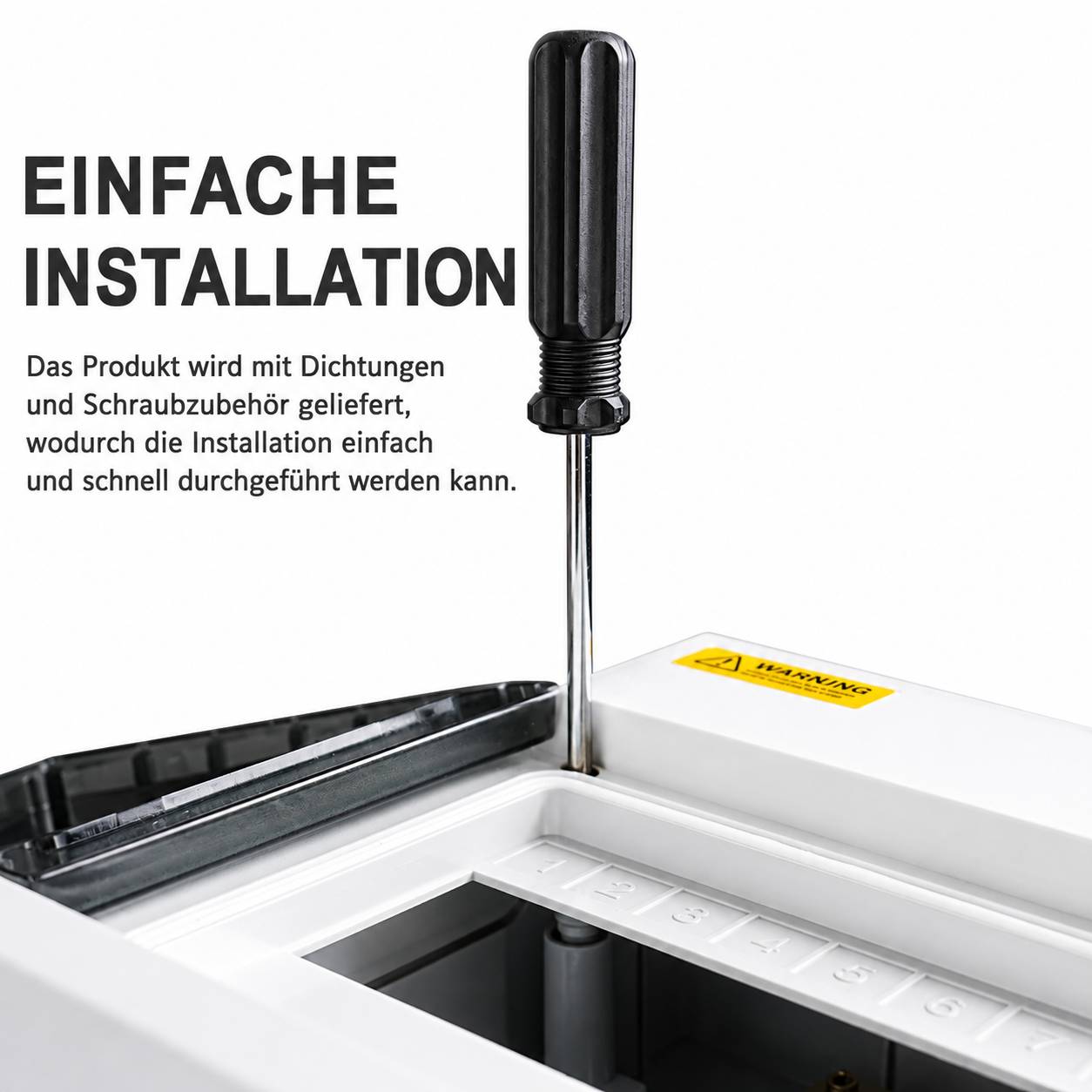 Produktinstallationsgrafik, die einen Schraubendreher zeigt, der eine Ablaufeinheit einfügt; der Text besagt „Einfache Installation