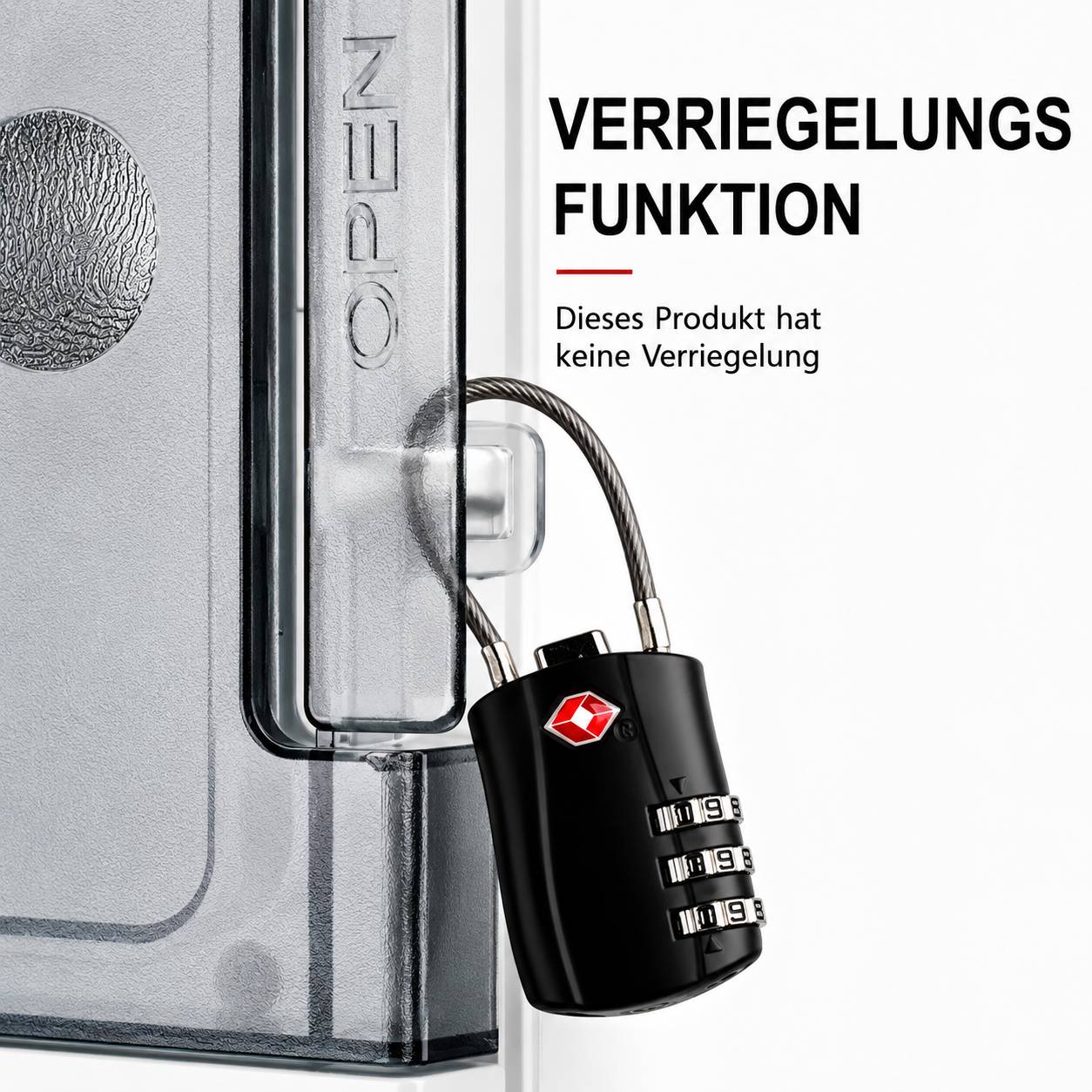 Kombinationsschloss an einer Tür eines transparenten Behälters, beschriftet auf Deutsch mit „Verriegelungs Funktion