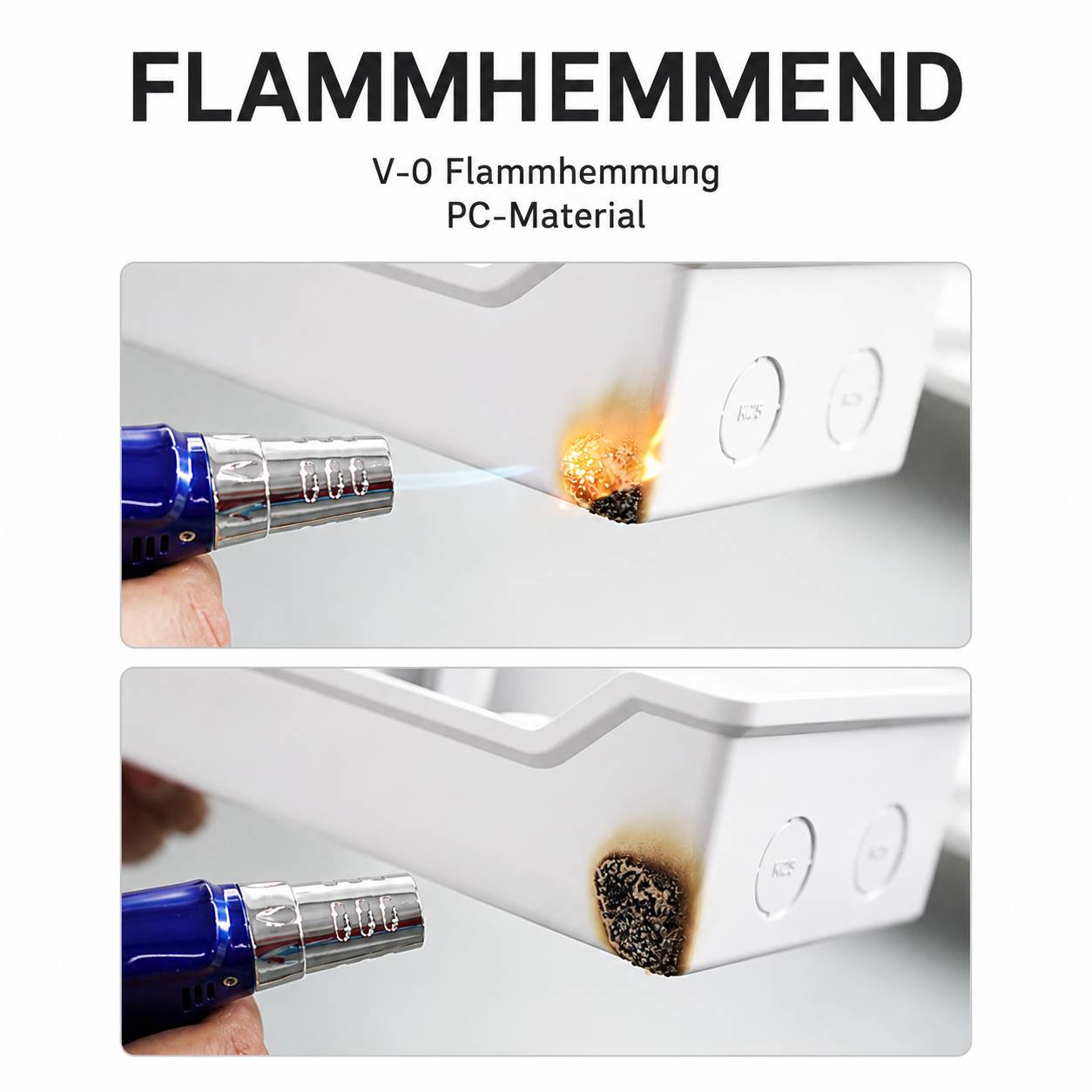 Werbebanner für flammhemmendes PC-Material, das ein heißes Werkzeug zeigt, das weißes Kunststoff mit minimalem Brennen erhitzt, beschriftet mit „FLAMMHEMMEND