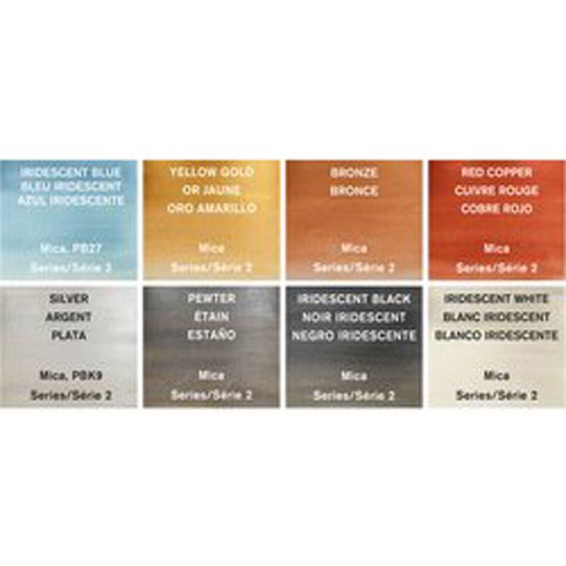 Acht Quadrate mit Farben und Text: Schillerndes Blau, Goldgelb, Bronze, Kupferrot, Silber, Zinn, Schillerndes Schwarz, Schillerndes Weiß.