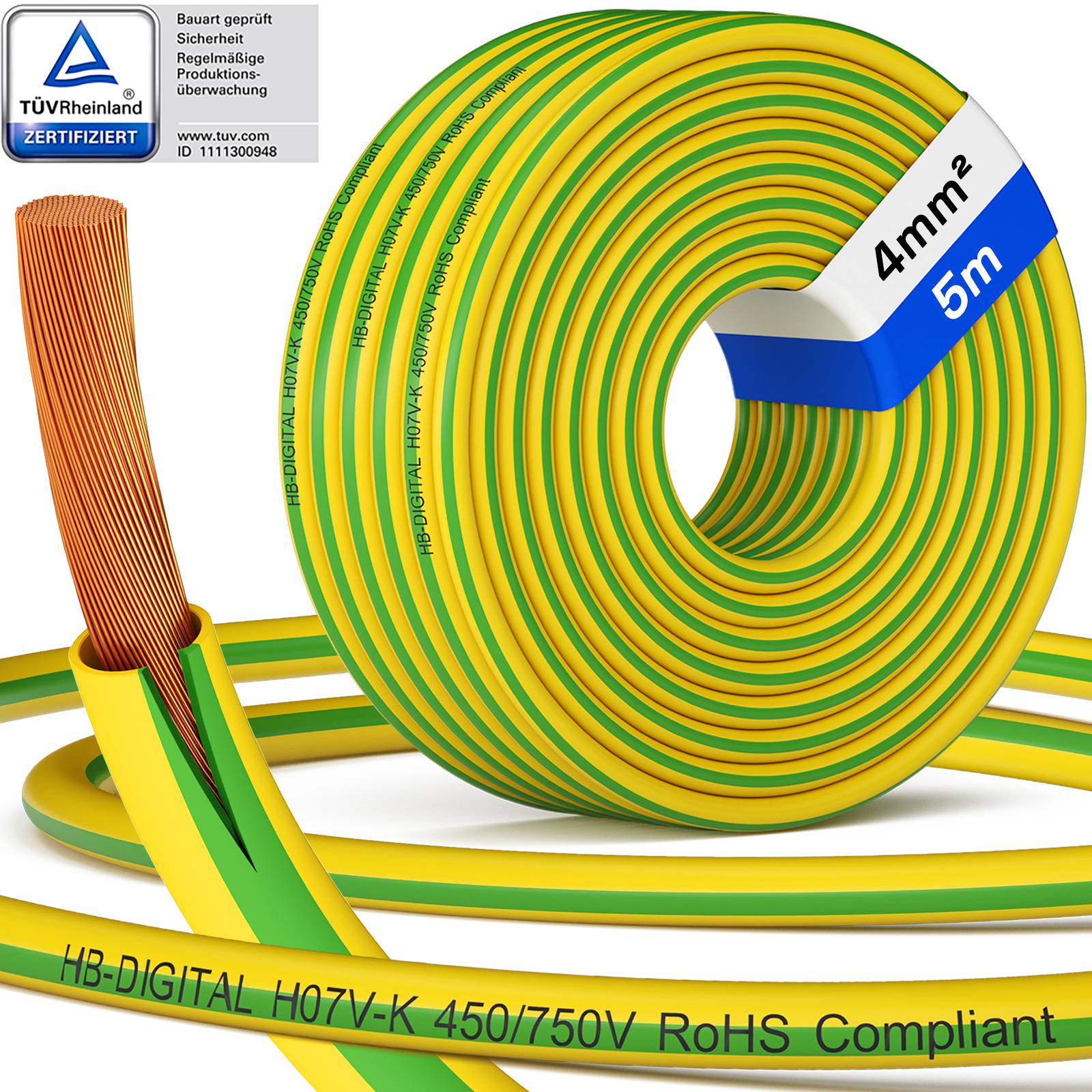 hb-digital 5m PVC Aderleitung H07V-K Erdungskabel 4mm2 Erdungsleitung flexibel