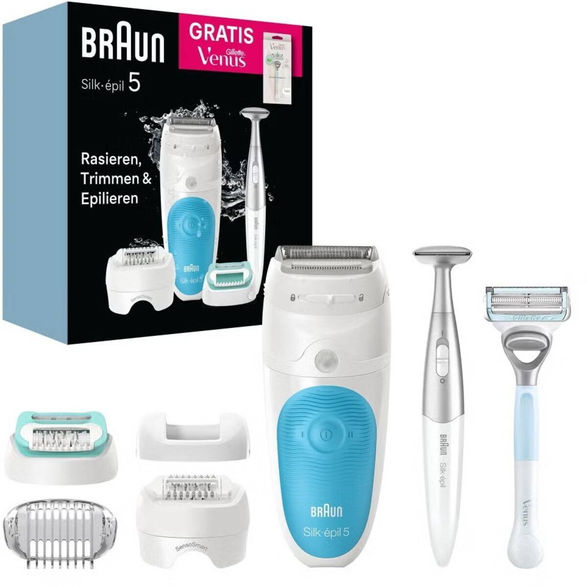 Braun Silk-épil 5 Haarentfernungsset mit einem Rasierer, Trimmer und Epilierer in Blau und Weiß, inklusive eines kostenlosen Venus Rasierers.