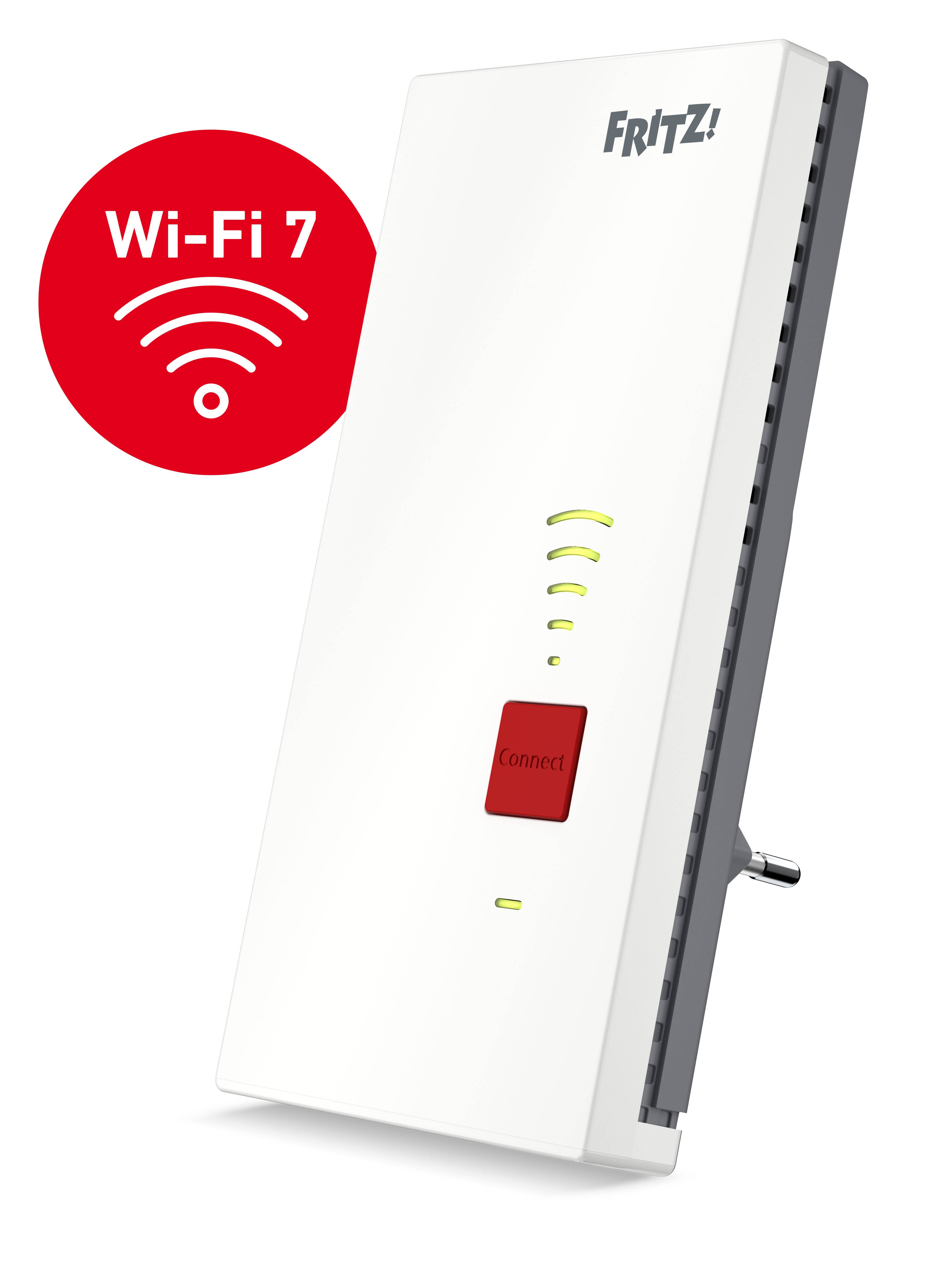 Weißer FRITZ! Wi-Fi 7 Router mit rotem Connect-Button und Wi-Fi 7-Badge auf weißem Hintergrund.