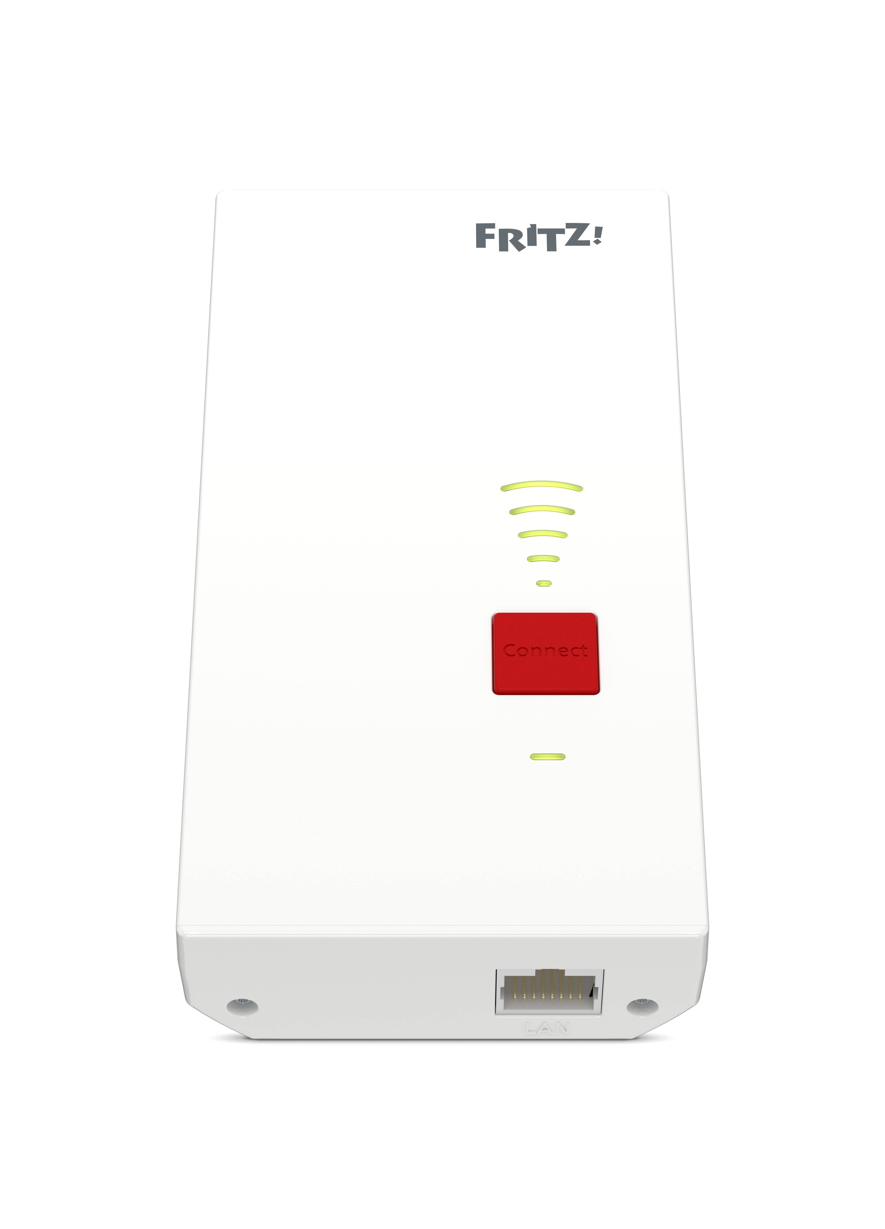 Weißes FRITZ! Wireless-Netzwerkgerät mit grünen Signalleuchten und einem roten Connect-Button, gezeigt in Vorderansicht mit Ethernet-Anschluss am unteren Ende.