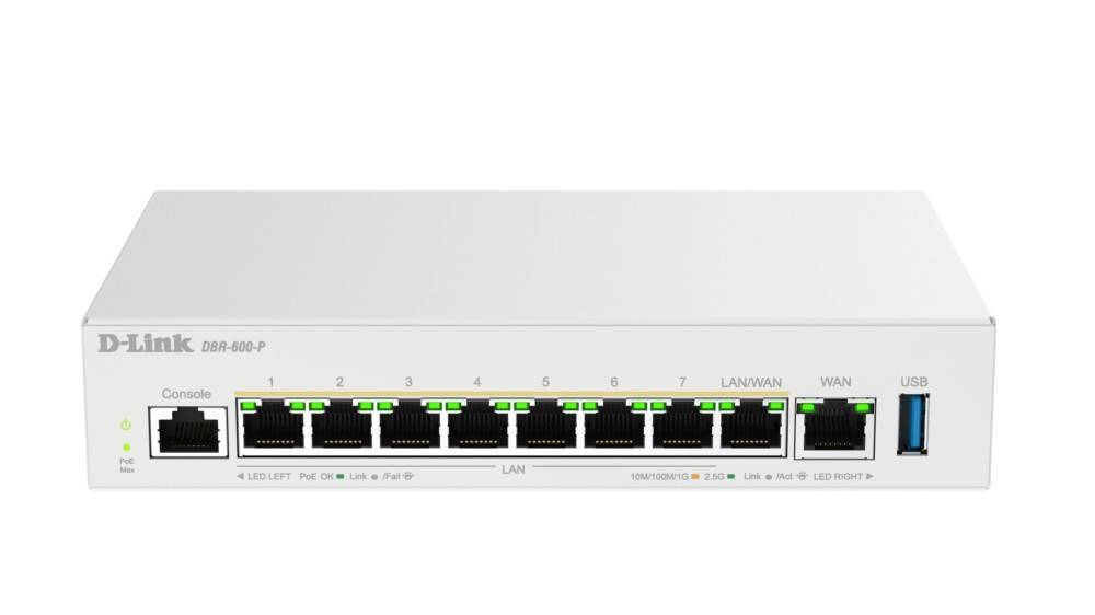 Frontansicht eines D-Link 8-Port-Ethernet-Routers/Switches mit Konsole, LAN/WAN-Anschlüssen und USB-Anschluss mit Statusleuchten.