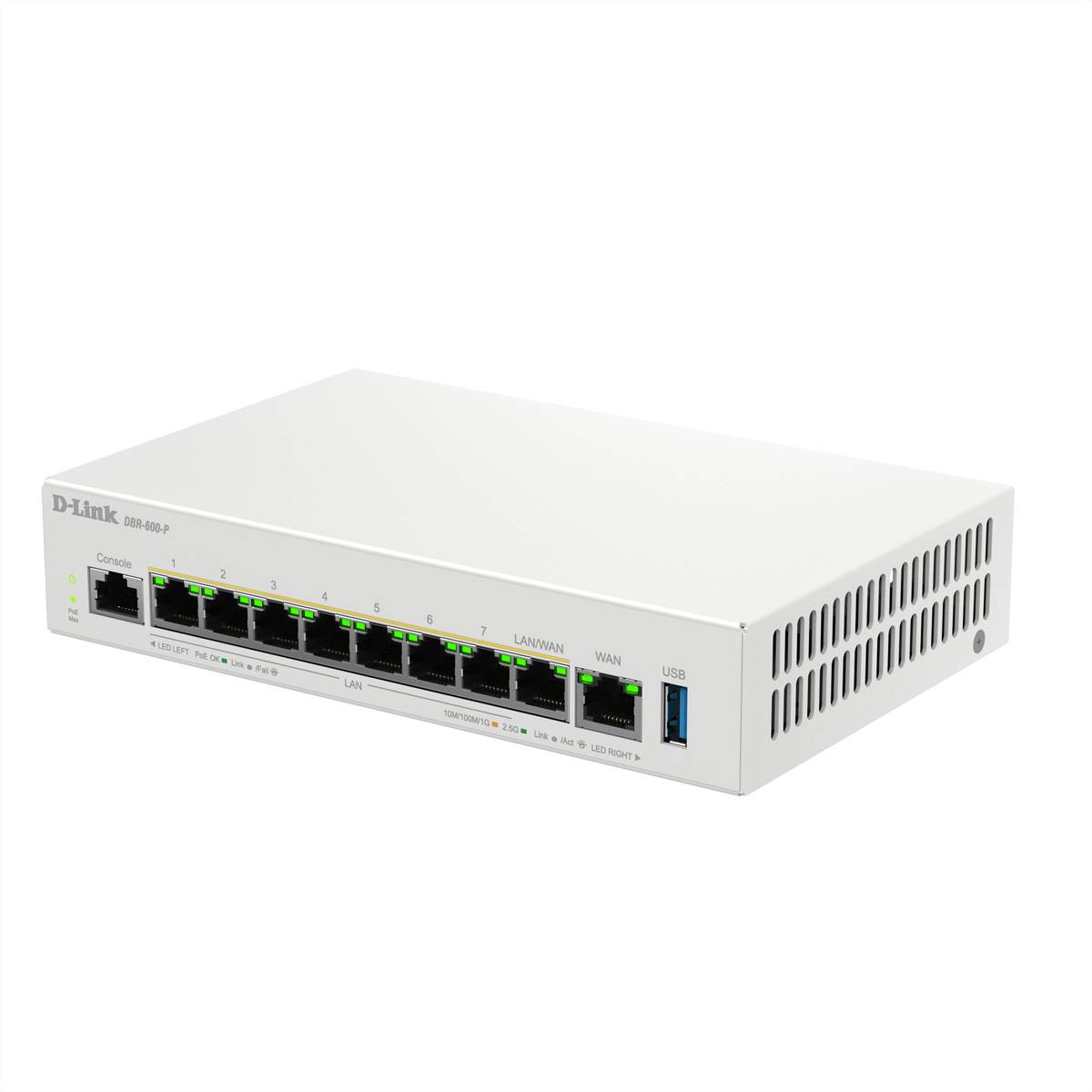 Weißer Netzwerk-Switch mit acht Anschlüssen und einem USB-Anschluss, wandmontierbar. Ports mit LAN und WAN beschriftet, geeignet für Netzwerkverbindungsaufbau.