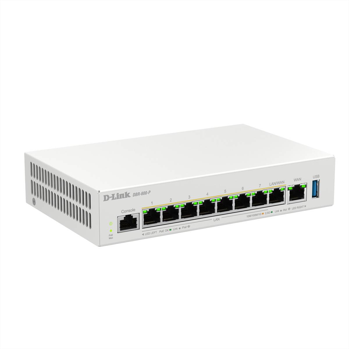 Ein weißer D-Link Netzwerk-Switch mit acht LAN-Ports, einem Konsolen-Port und USB-Konnektivität.