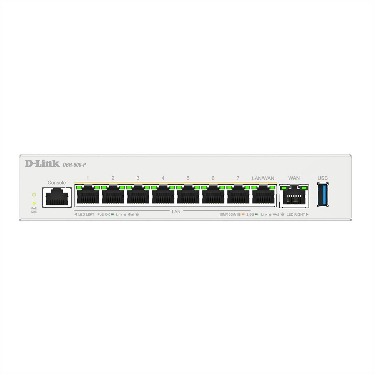 Netzwerk-Switch Frontansicht mit acht LAN-Ports, einem WAN-Port, USB-Port und Konsolen-Port, beschriftet für Konnektivitätsoptionen.