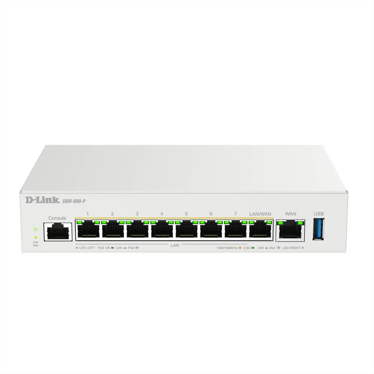 Netzwerk-Switch mit zehn Ethernet-Ports, einschließlich Konsole, WAN- und USB-Anschluss. Markenname 'D-Link' ist oben links sichtbar.