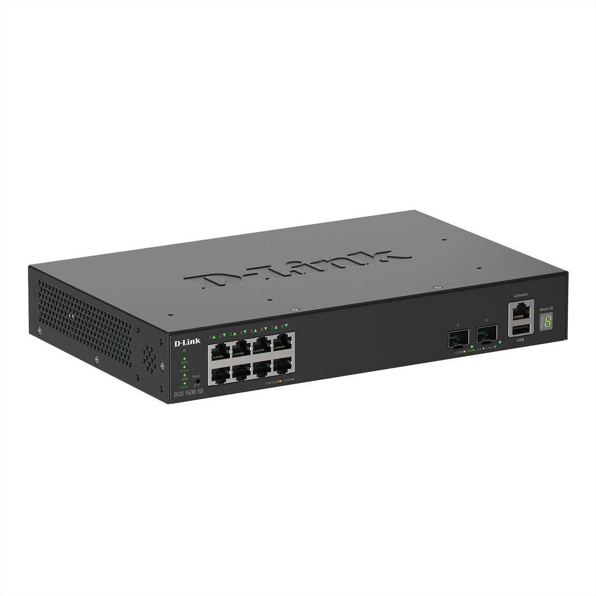 D-Link Netzwerk-Switch mit acht Ethernet-Anschlüssen und zwei Glasfaseranschlüssen, die zum Verbinden mehrerer Geräte in einem Netzwerk verwendet werden.