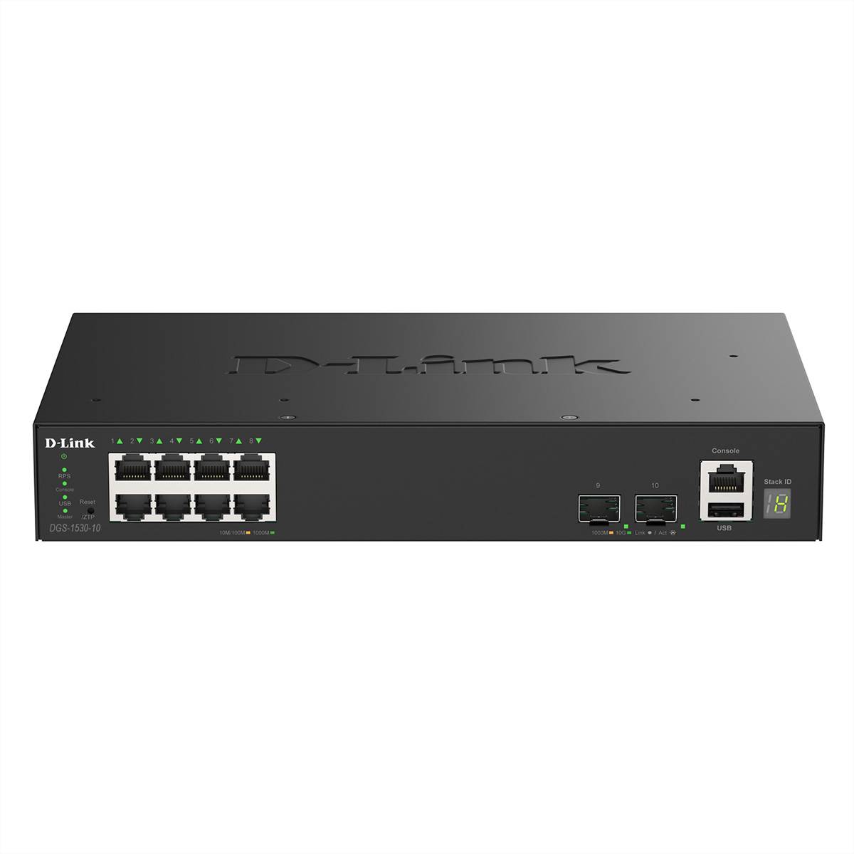 D-Link Netzwerk-Switch mit mehreren Ethernet-Anschlüssen, einschließlich acht LAN-Ports, zwei SFP-Ports für Glasfaserverbindung und LED-Indikatoren.