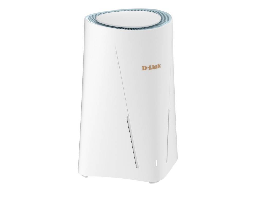 Weißer D-Link WLAN-Router oder Mesh-Gerät auf einem einfachen Hintergrund gezeigt, mit zylindrischem Oberteil und vertikalen Lüftungsschlitzen.