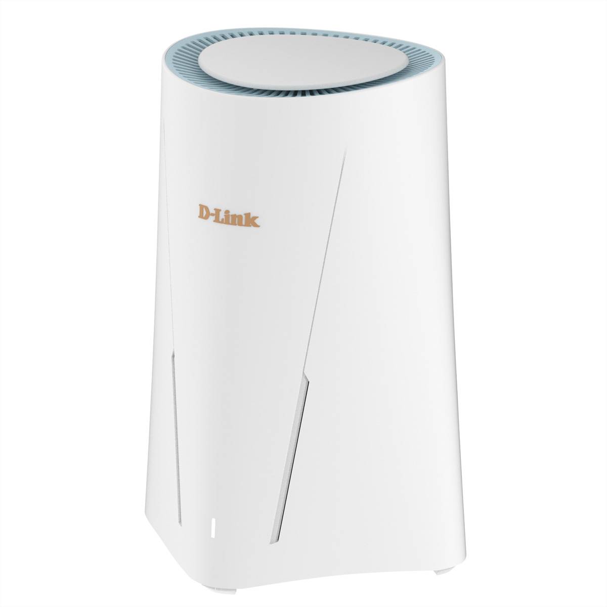 Ein weißer, zylindrischer D-Link WLAN-Router mit blauen Lüftungsschlitzen oben, konzipiert für Heimnetzwerke und Konnektivität.