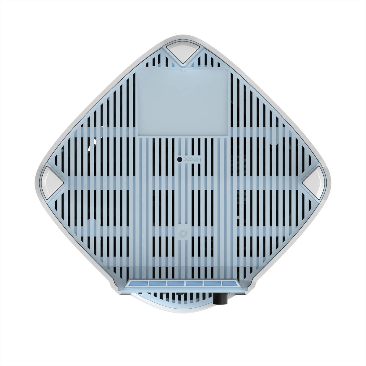 Luftaufnahme eines quadratischen, gitternetzförmigen, belüfteten Objekts mit abgerundeten Ecken, das in der Mitte ein kreisförmiges Detail aufweist, möglicherweise ein Filter.