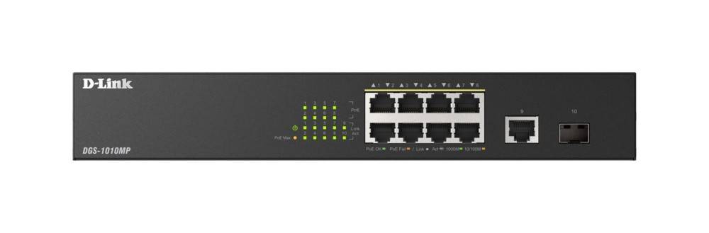 Vorderansicht eines D-Link-Switches mit mehreren Ethernet-Anschlüssen, Statusleuchten und zwei Uplink-Anschlüssen auf der rechten Seite.