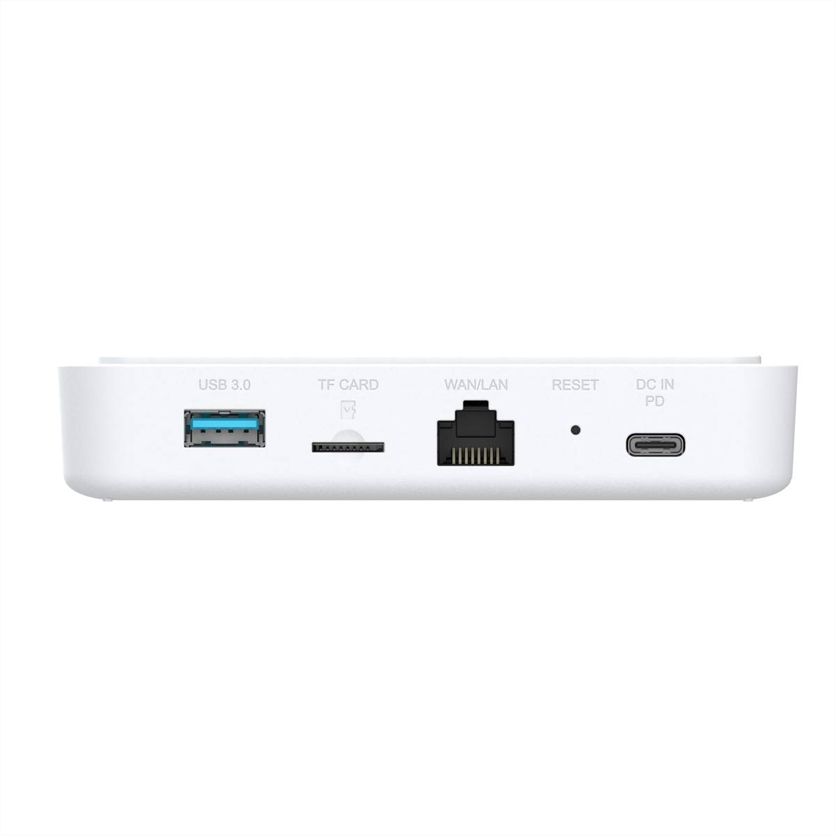 Ein weißes Gerät mit Anschlüssen für USB 3.0, TF-Karte, WAN/LAN, DC IN PD und einem Rücksetztaster, von hinten betrachtet.