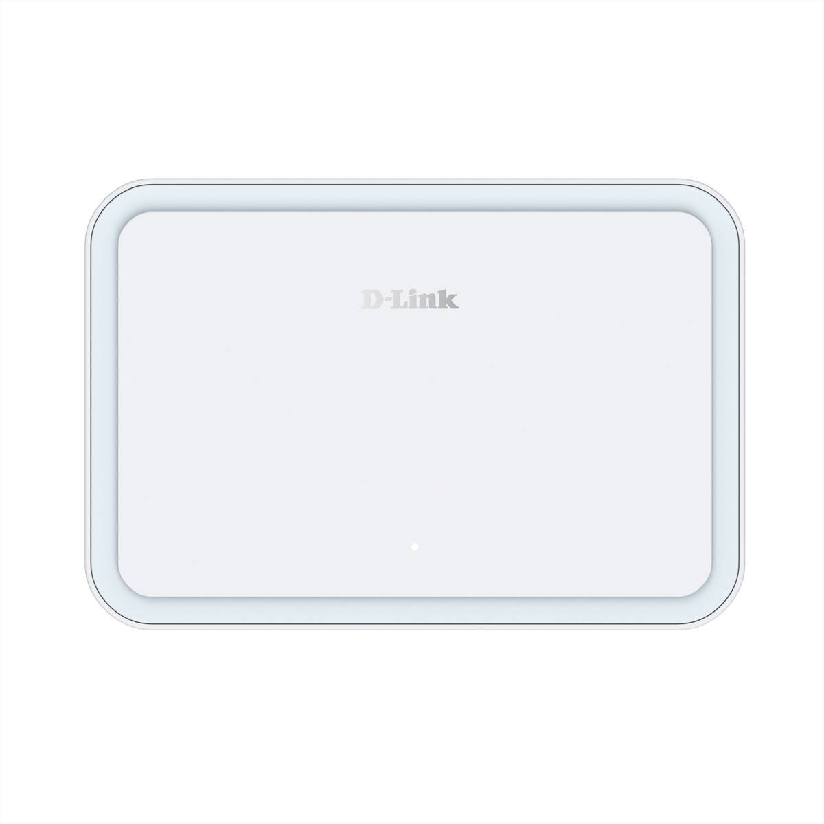 Ein weißer rechteckiger WLAN-Router mit abgerundeten Kanten und einer kleinen Anzeige-LED vorne. Der Markenname 'D-Link' ist oben eingelassen.