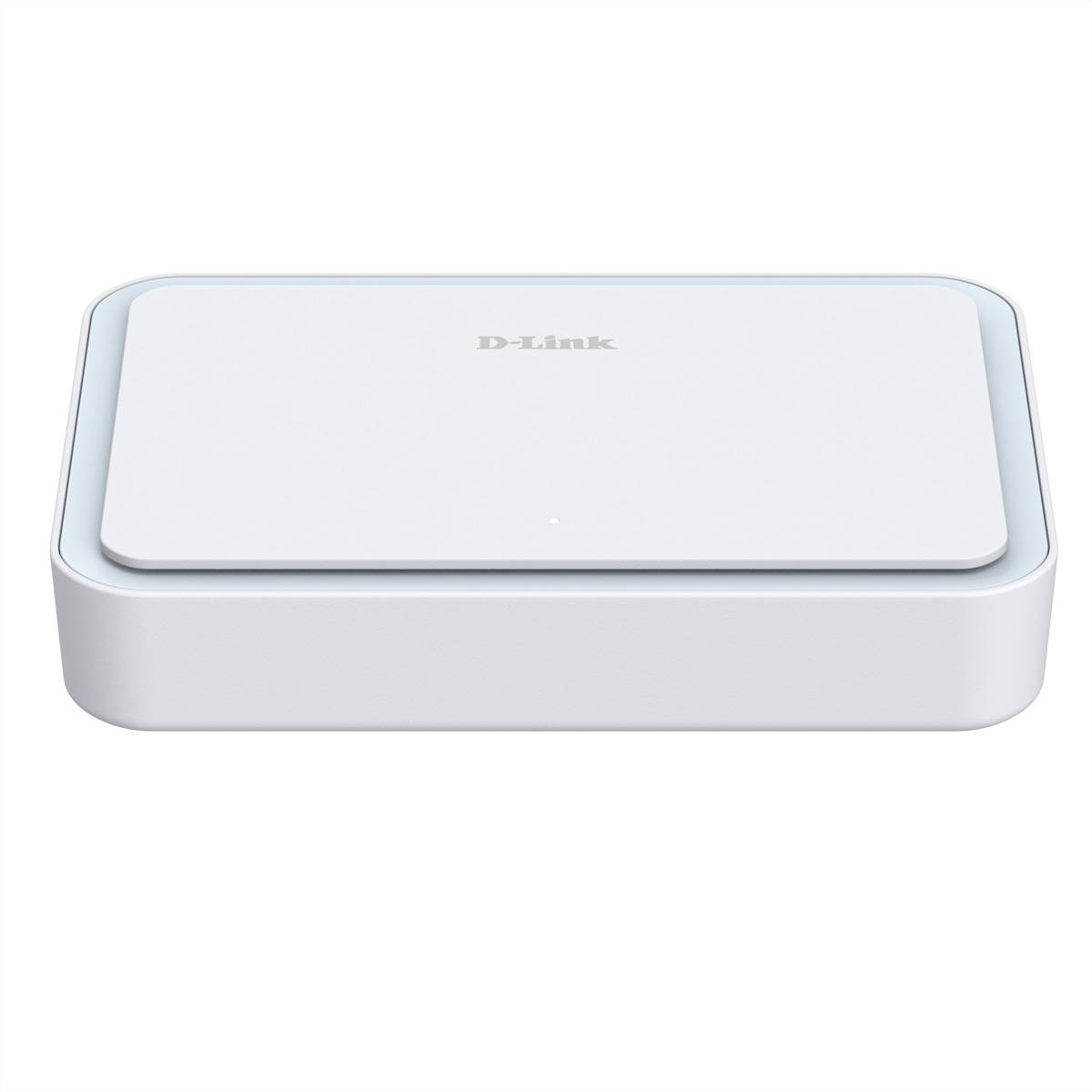 Ein weißer D-Link Netzwerk-Switch mit rechteckigem Design, der ein minimalistisches Aussehen für Zuhause oder Büro aufweist.