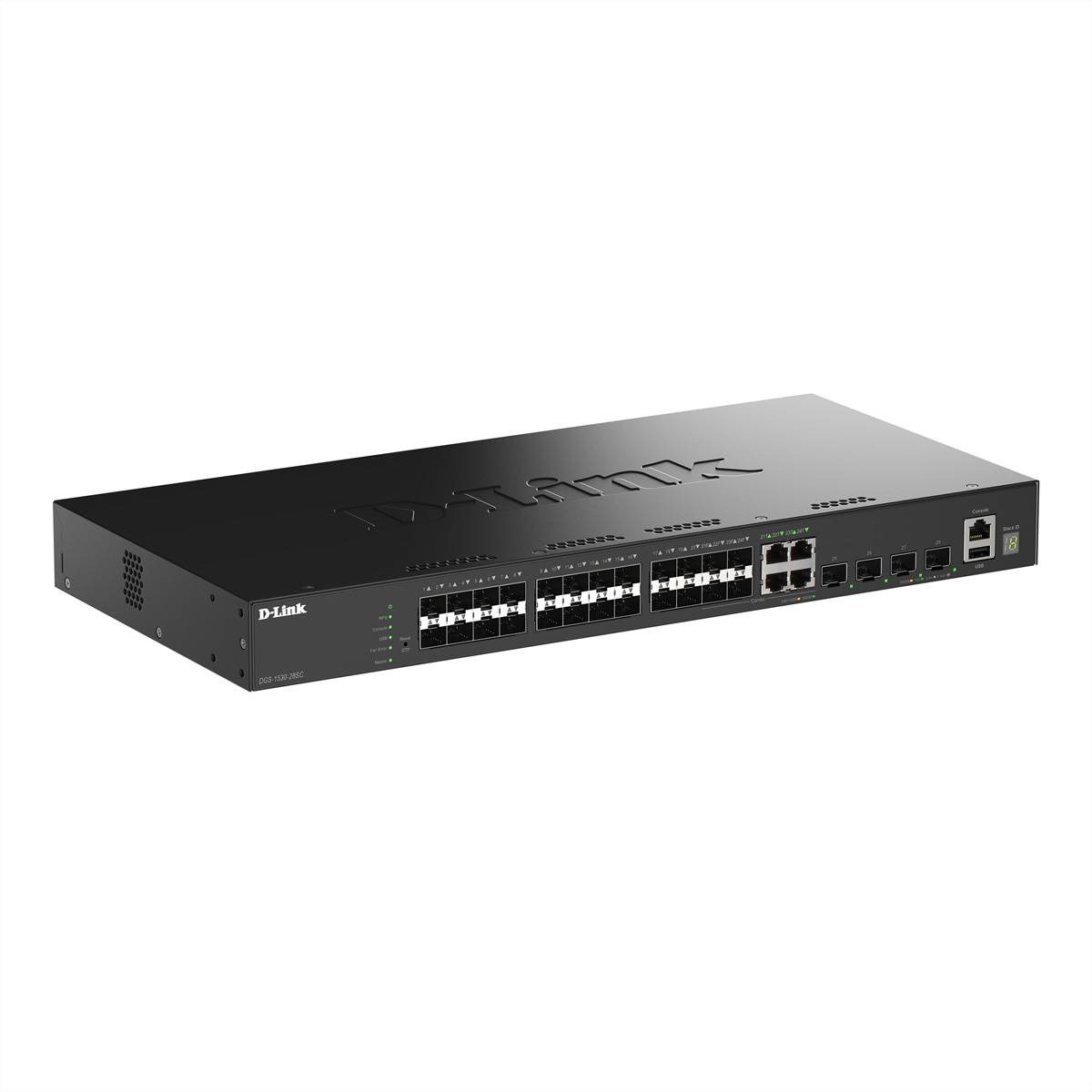 Ein schwarzer Netzwerk-Switch mit mehreren Anschlüssen, einschließlich Glasfaser- und Ethernet-Verbindungen, mit der Marke D-Link, vor einem weißen Hintergrund.