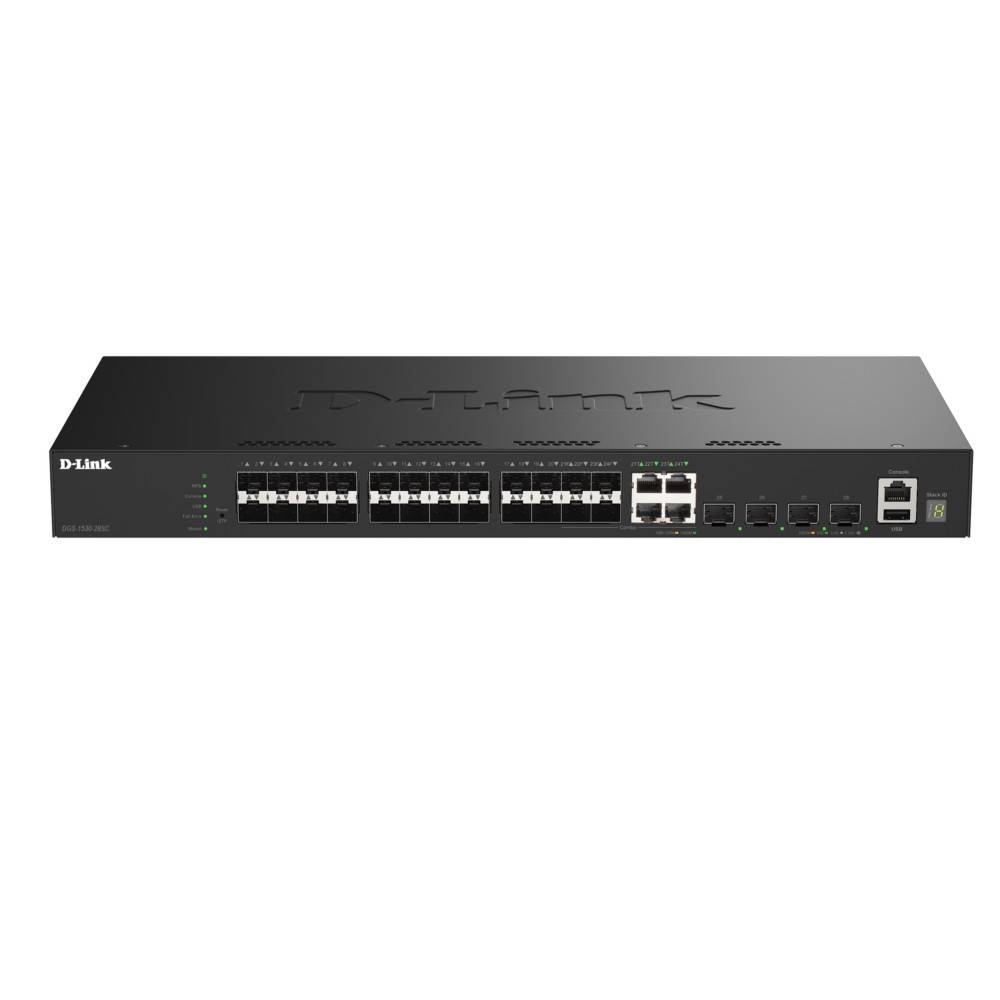 Vorderansicht eines D-Link Rack-montierbaren Ethernet-Switches mit mehreren Anschlüssen und Status-LEDs auf einem schlichten weißen Hintergrund.