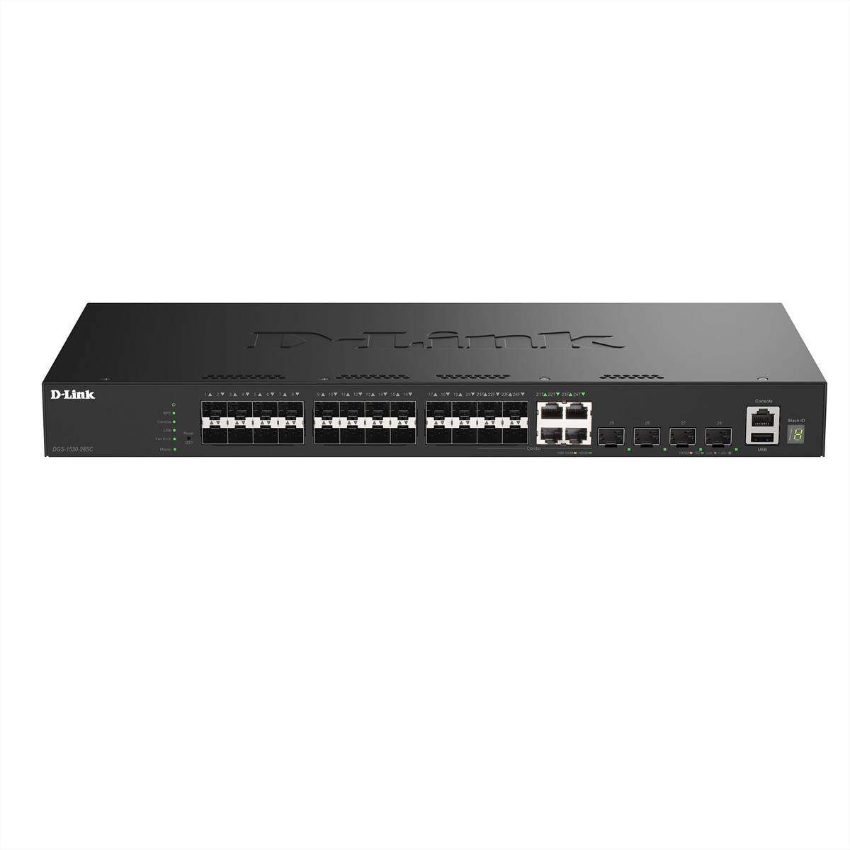 Ein schwarzer D-Link Netzwerk-Switch mit mehreren Ethernet-Anschlüssen wird gezeigt. Er verfügt über Anzeigen, Logos und frontseitige Anschlüsse.