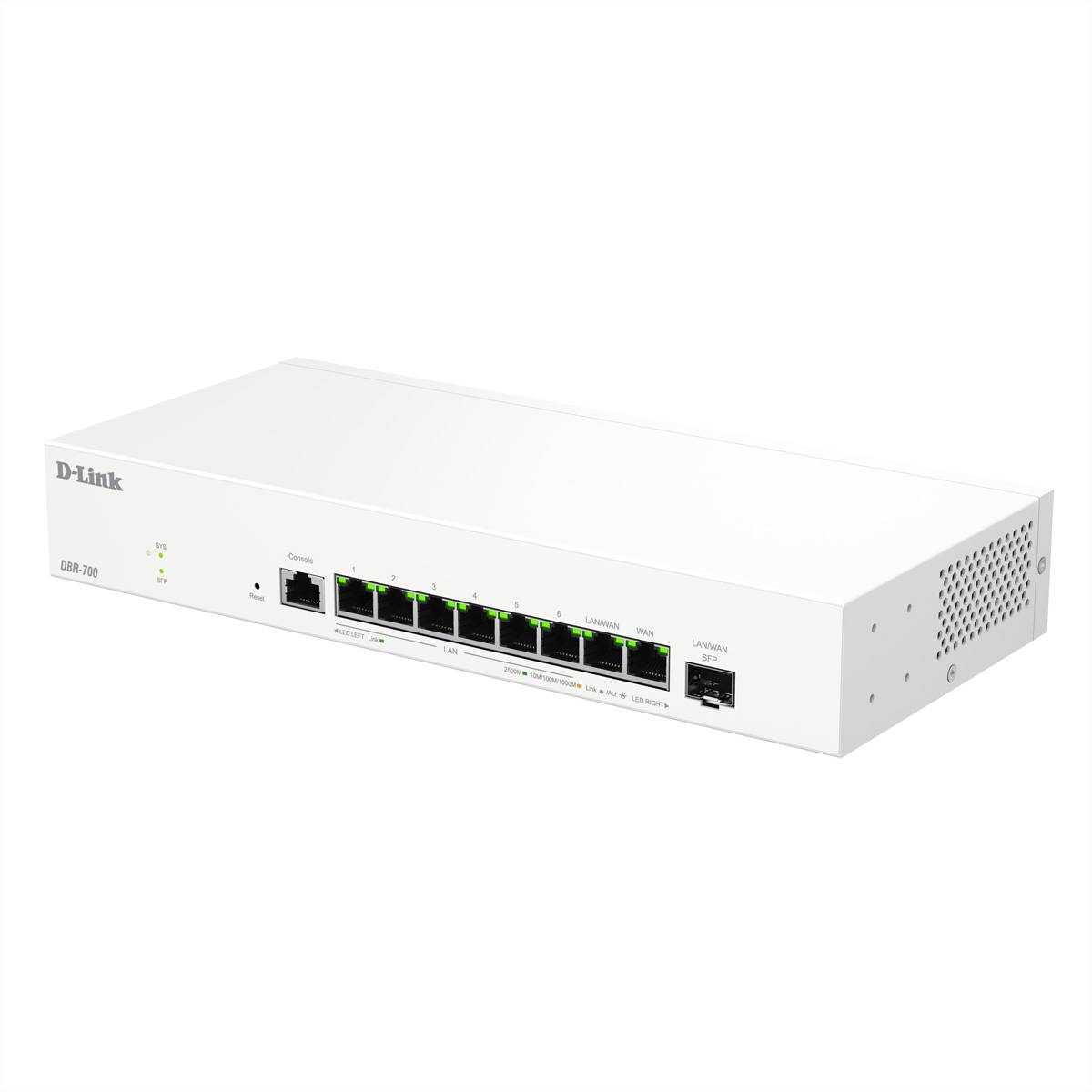 D-Link DGS-1100-08 Netzwerk-Switch mit acht Ethernet-Ports, kompaktem weißem Design und Kontrollleuchten auf der Frontplatte.