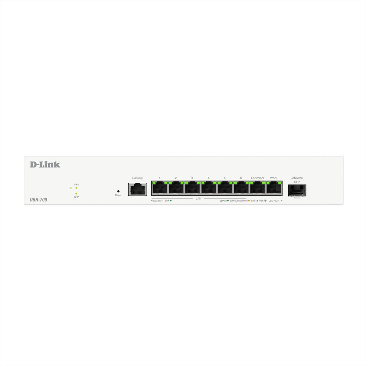 Ein D-Link-Netzwerk-Switch mit acht Ethernet-Anschlüssen, LED-Anzeigen und beschriftet mit „D-Link