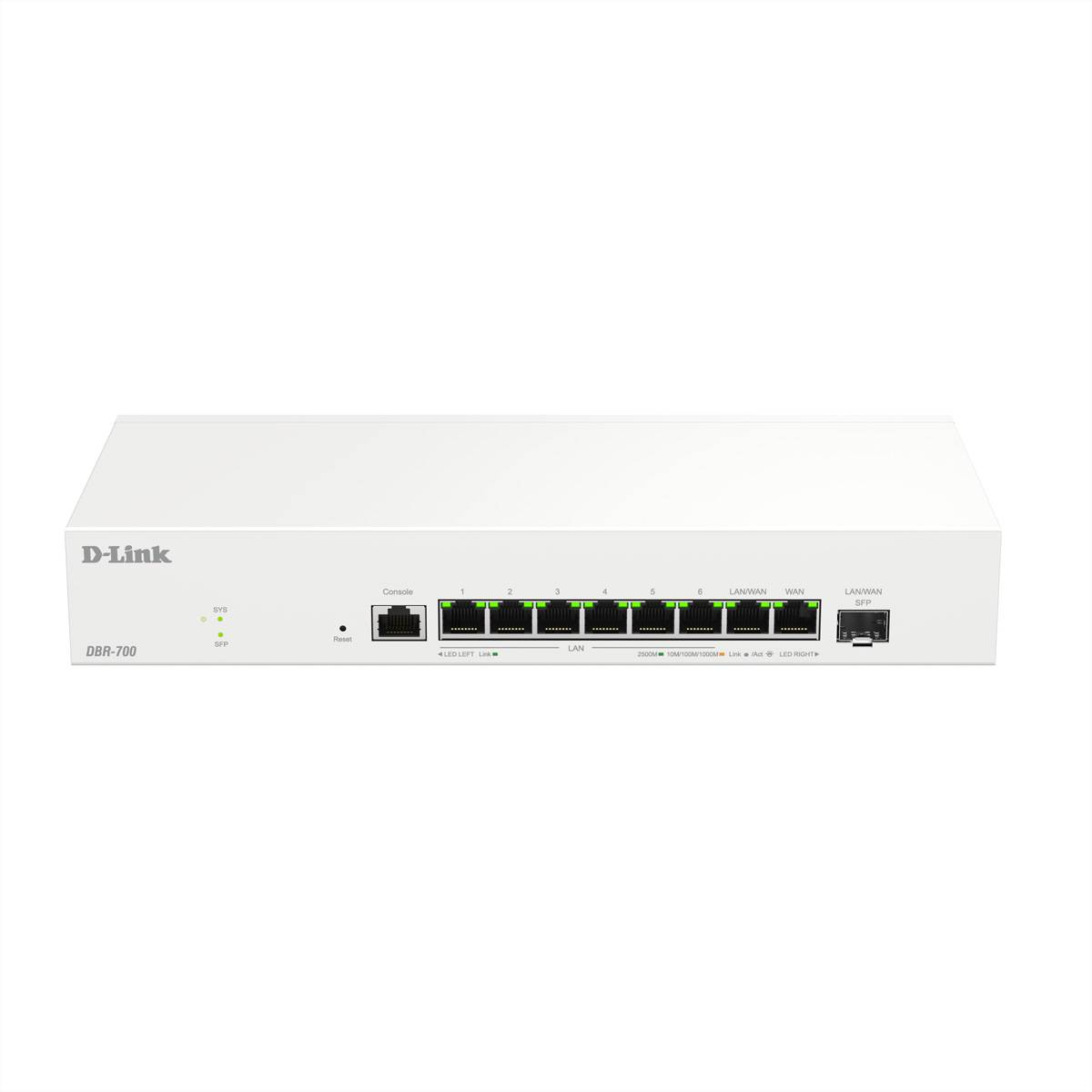 D-Link DBR-700 Netzwerk-Switch mit mehreren Ethernet-Anschlüssen, Kontrollleuchten und einem USB-Anschluss, wird zur Netzwerkverwaltung verwendet.