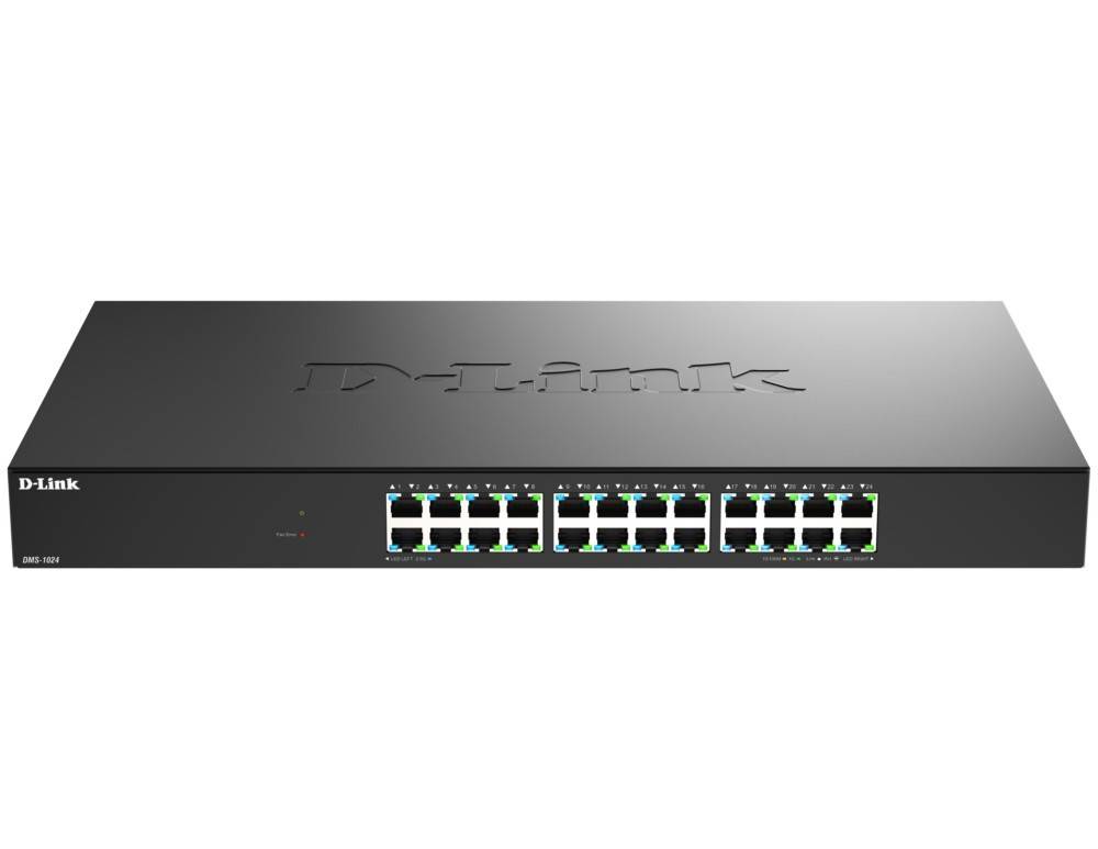 Vorderansicht eines D-Link Rack-Ethernet-Switches mit 24 Netzwerkports und Statusleuchten, gezeigt auf weißem Hintergrund.