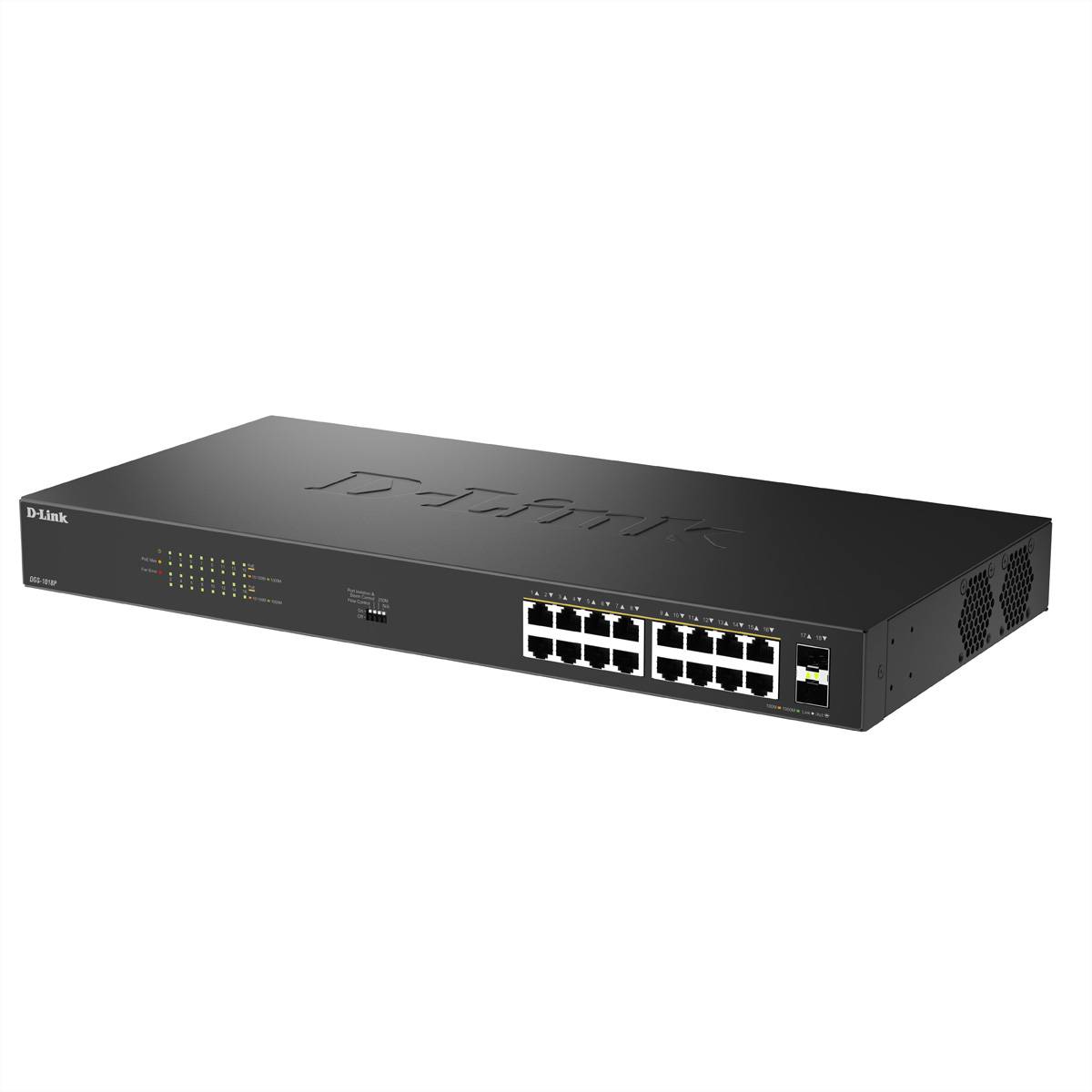 Ein schwarzer Netzwerk-Switch mit 16 Ethernet-Ports auf der Frontplatte und Indikatorlichtern über jedem Port, der zum Verbinden mehrerer Geräte verwendet wird.