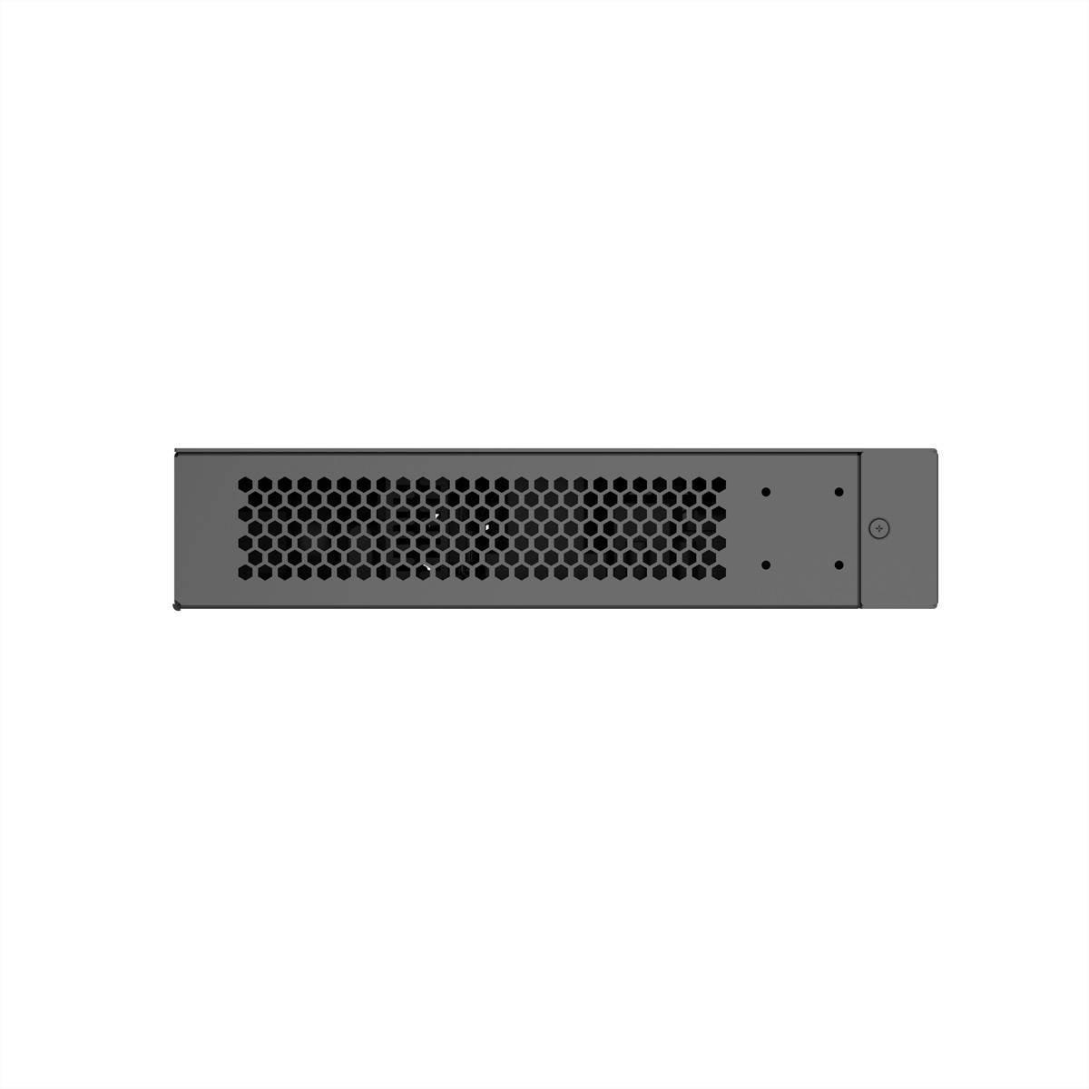 Ein schwarzes rechteckiges elektronisches Gerät mit einem Wabenventilationsmuster an der Vorderseite, höchstwahrscheinlich eine kompakte Spielkonsole oder ein Mediaplayer.