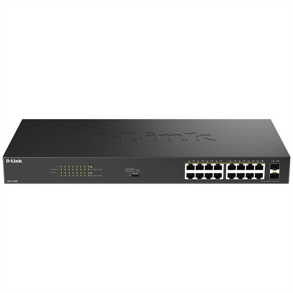 Ein schwarzer D-Link Netzwerk-Switch mit mehreren Ethernet-Anschlüssen und Status-Anzeigelampen, der zum Verbinden von Geräten in einem Netzwerk verwendet wird.