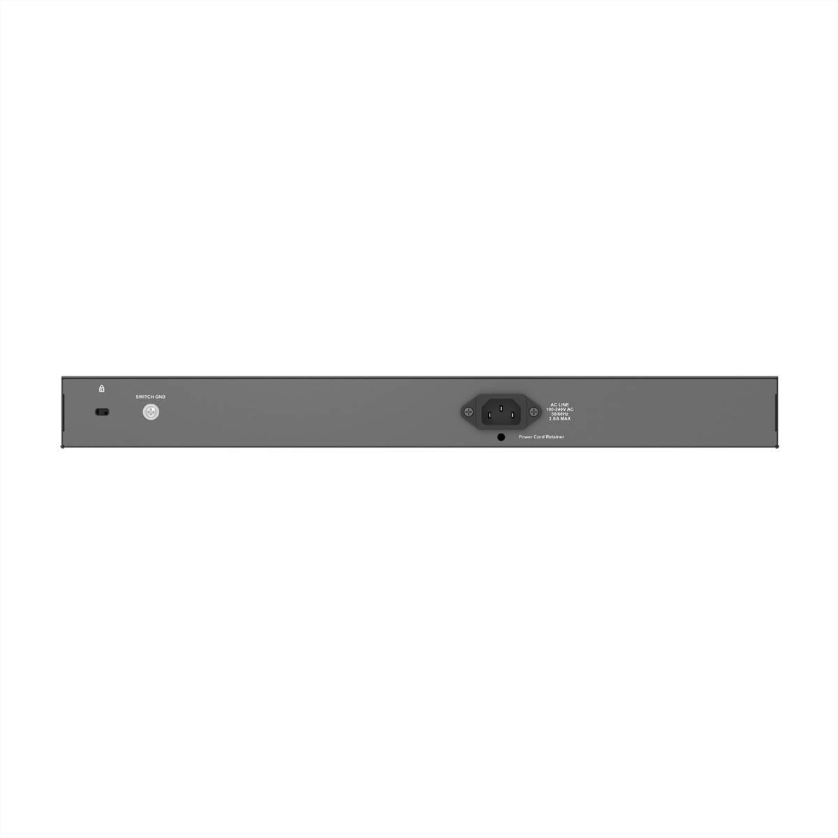Ein grauer elektronischer Apparat von hinten gesehen, mit einem Netzschalter, einer Stromanschluss-Buchse mit der Beschriftung '120V~60Hz' und einer kleinen Statusanzeige.