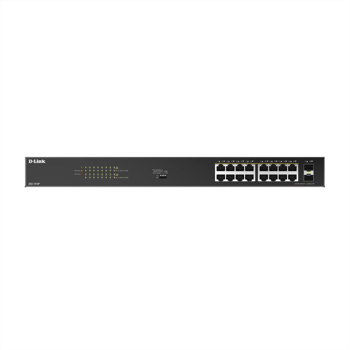 Ein Netzwerk-Switch mit 24 Ethernet-Ports und LED-Anzeigen, mit der Bezeichnung 'D-Link DES-1210-28P', geeignet für kleine bis mittlere Unternehmensnetzwerke.