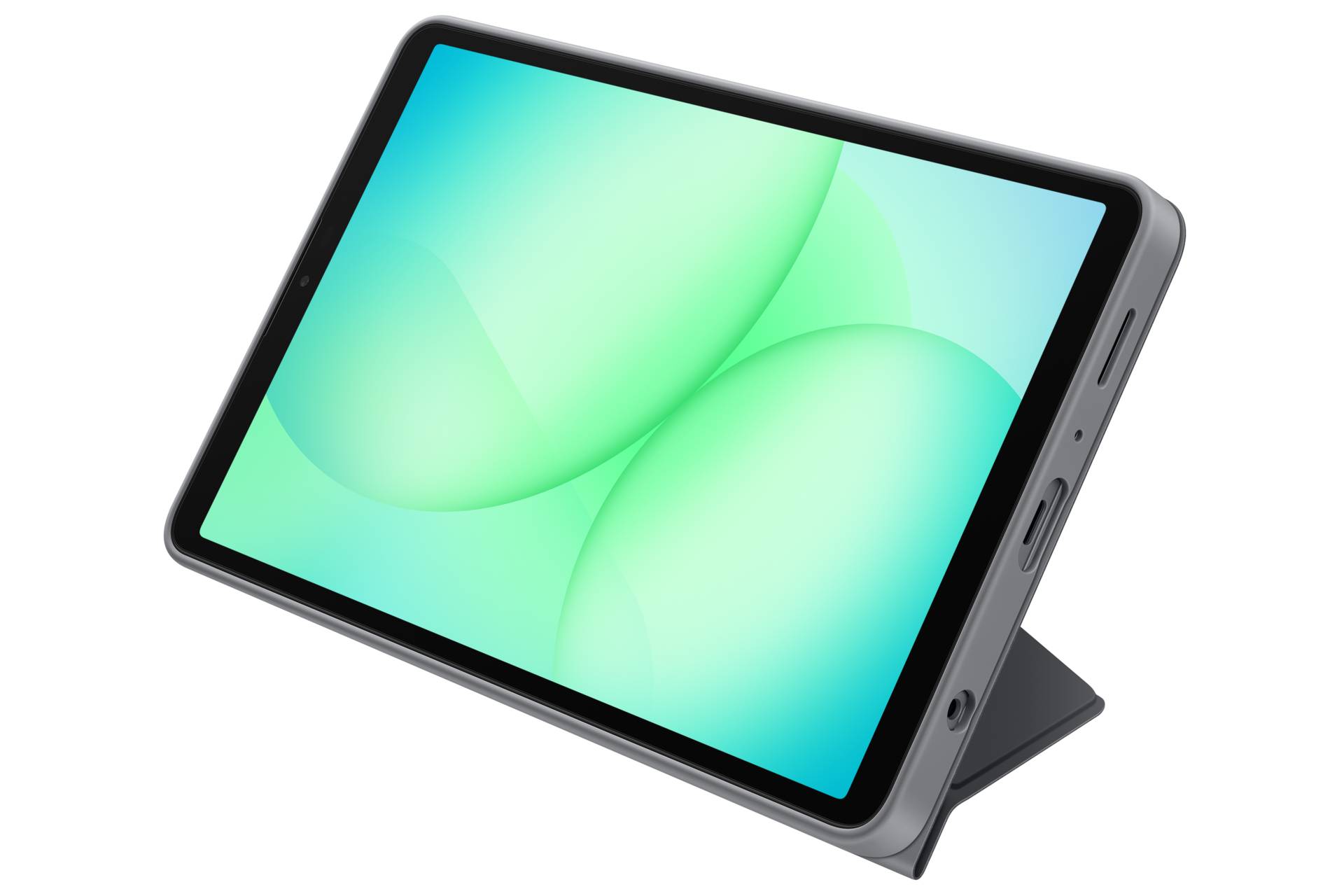 Tablet in grauem Folio-Ständer, im Querformat gezeigt mit grünem abstraktem Bildschirm.
