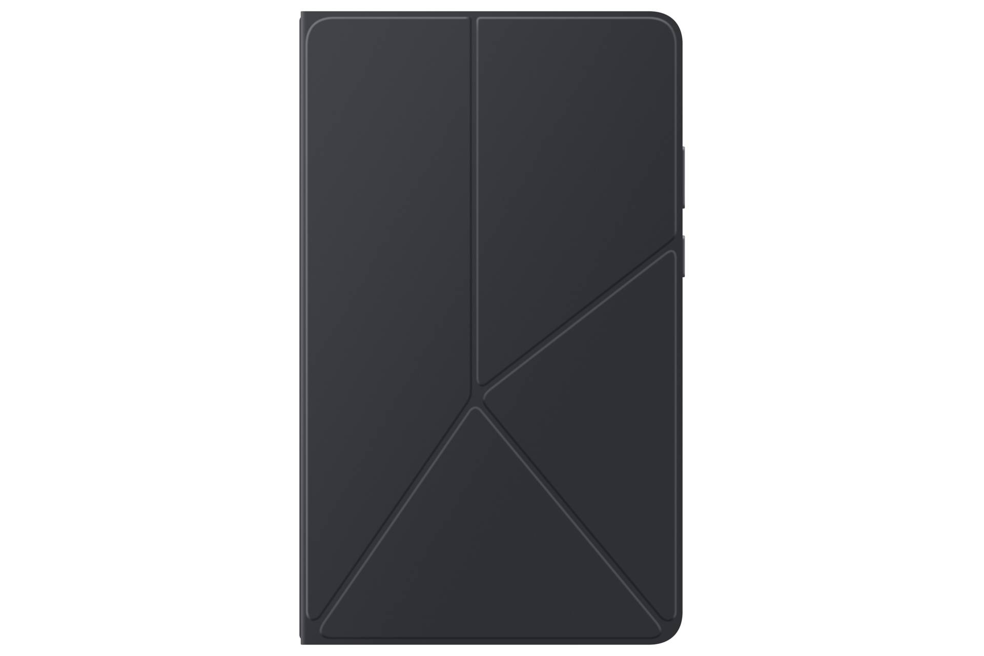 Dunkelgraues Tablet-Folio-Etui mit geometrischen abgewinkelten Paneellinien, geschlossen auf schwarzem Hintergrund dargestellt.