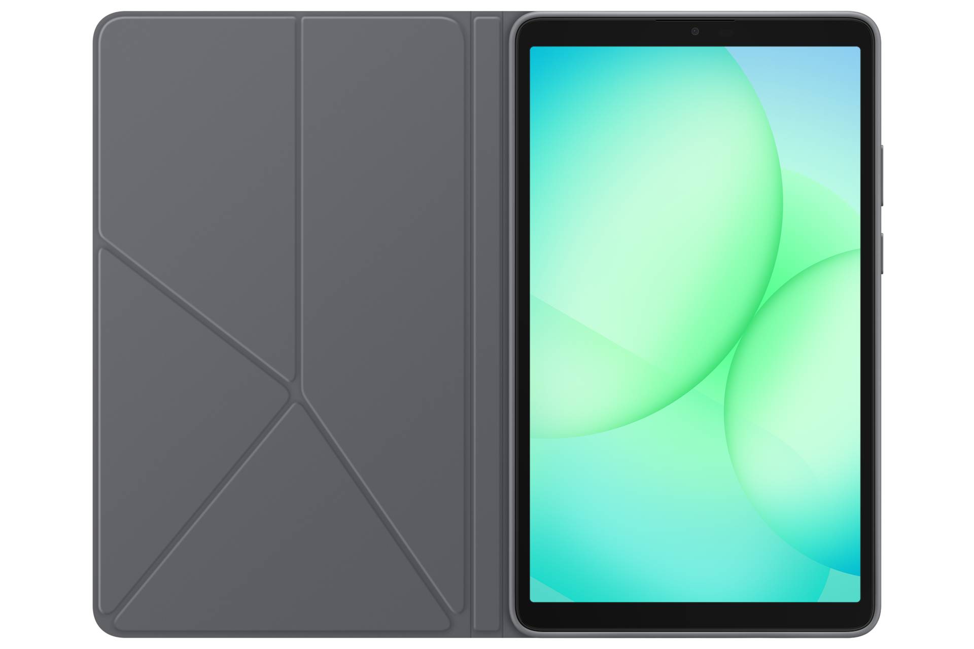 Graues Tablet in einem Klappschutzcase, von vorne und hinten gezeigt; der Bildschirm zeigt einen grünen abstrakten Hintergrund.