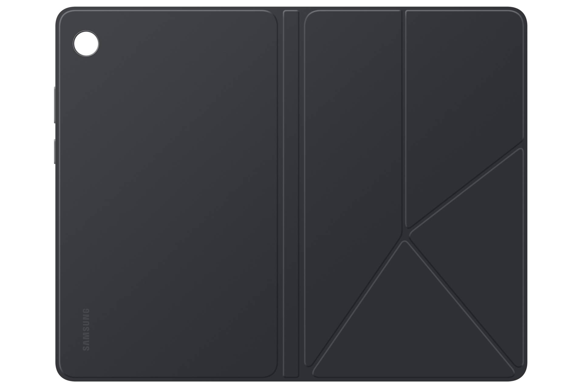 Schwarze Samsung-Tablet-Schutzhülle mit integrierter Vorderseite, die zu einem Ständer zusammengeklappt ist, geschlossen vor neutralem Hintergrund dargestellt.