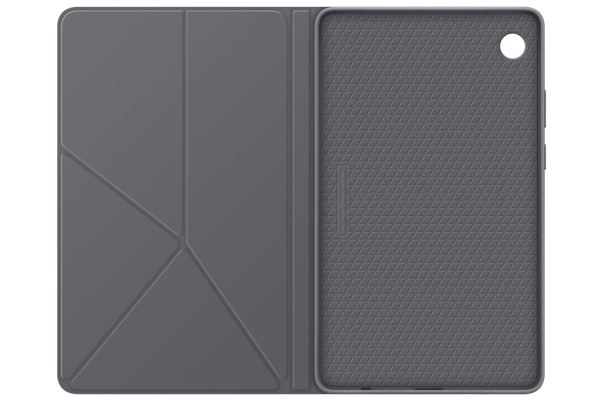 Graue Tablet-Schutzhülle geschlossen gezeigt, mit strukturiertem Frontpanel und einer kleinen Kameraaussparung in der oberen rechten Ecke.