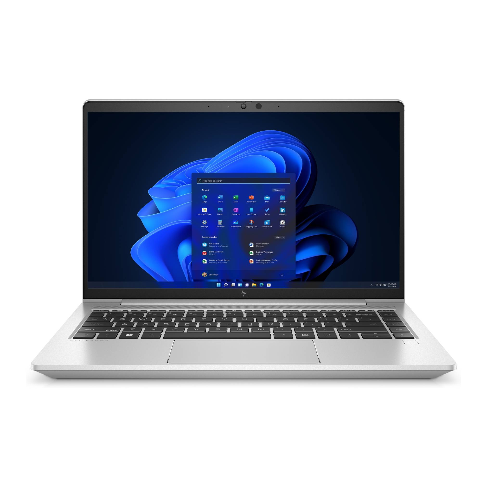 Silberner Laptop, der den Windows 11-Desktop und das Startmenü auf einem blauen abstrakten Hintergrundbild anzeigt