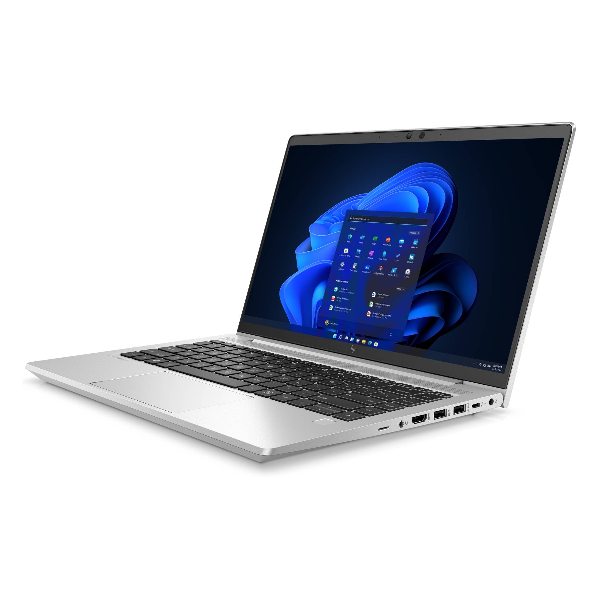 Silberner Laptop in einem Winkel geöffnet, zeigt einen Windows 11-Desktop auf dem Bildschirm.