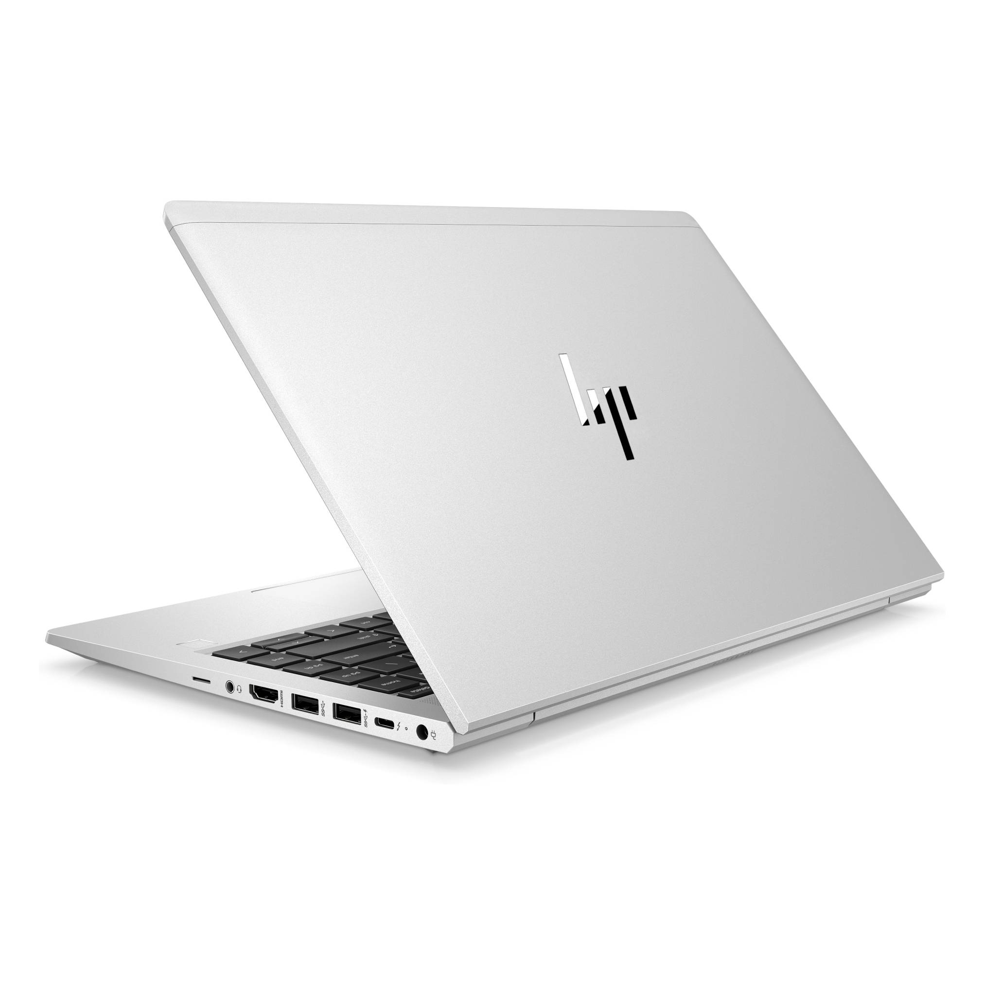 Silberner HP-Laptop, teilweise offen auf weißem Hintergrund gezeigt, mit sichtbarer Tastatur und Seitenports.