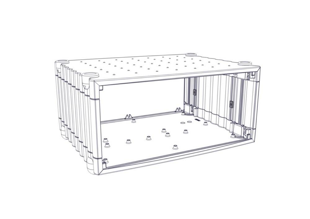 Linienzeichnung eines rechteckigen, offenseitig offenen Lagerbehälters mit gelochtem Deckel und Boden, versehen mit Eckstützen.