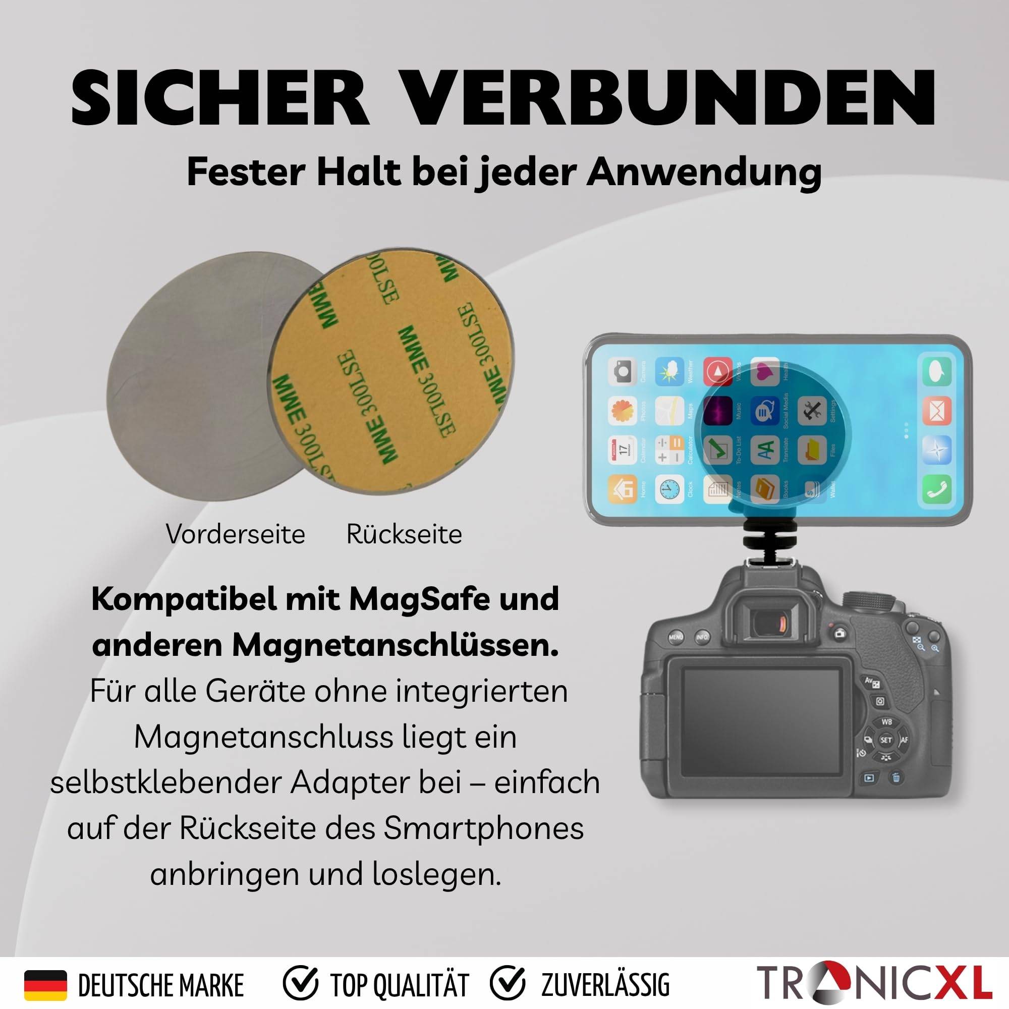 Magnetische Handyhalterung mit Kugelkopf für Kamera Magsafe DSLR Cold Shoe Tripod I kompatibel mit Apple iPhone 15 Pro Max Plus 14 13 12