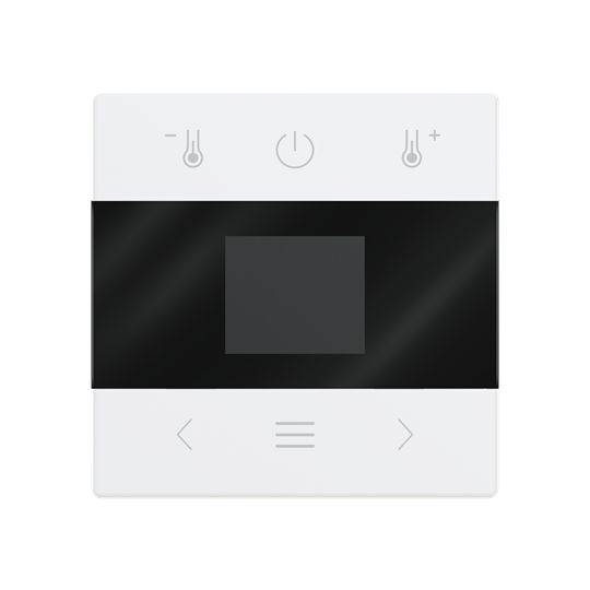 Quadratisches Touchscreen-Bedienfeld mit Stromschaltersymbol, Minus- und Plus-Temperaturtasten sowie Navigationspfeilen nach links und rechts.